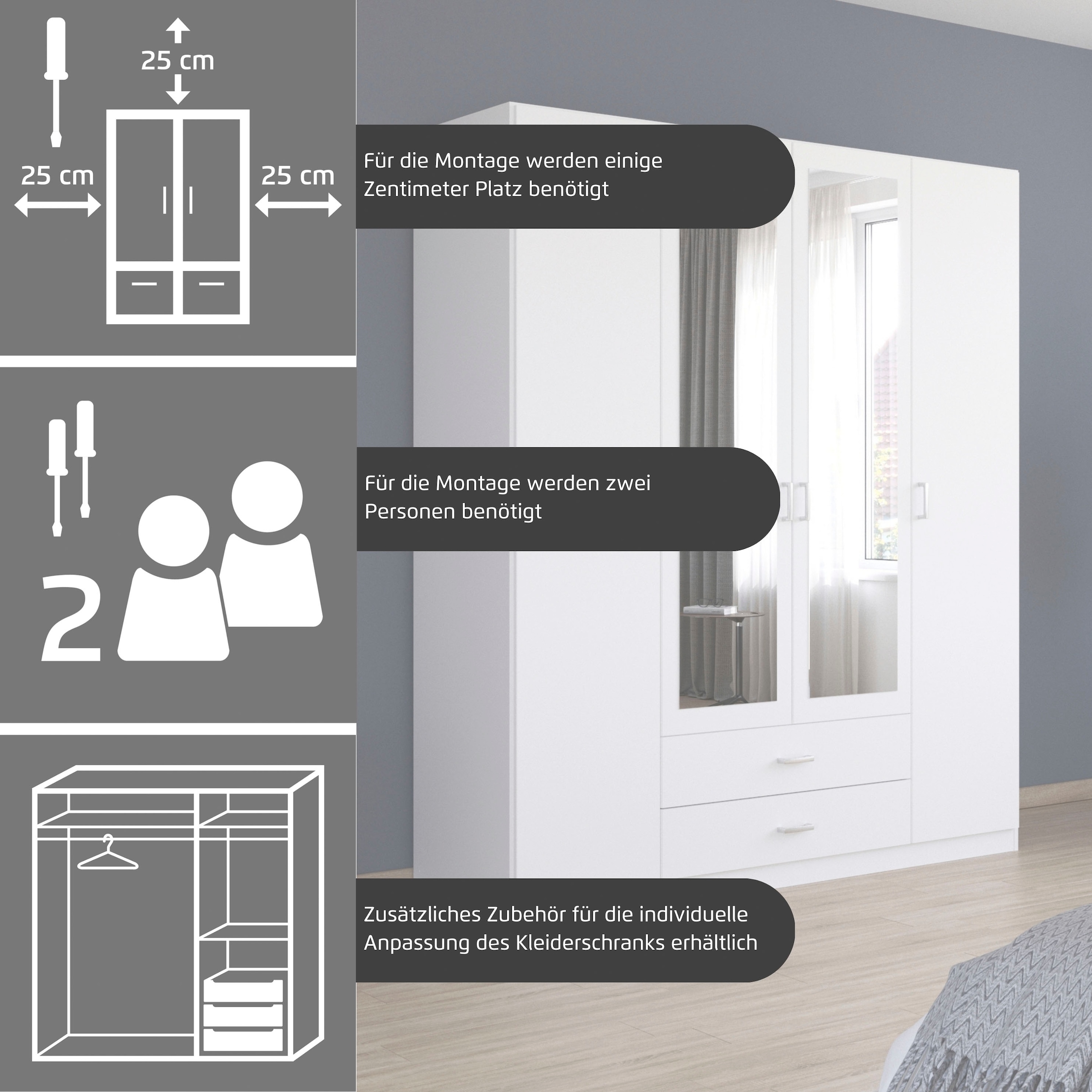 rauch Drehtürenschrank »Kleiderschrank Garderobe GAMMA Breiten 91/136/181/226/271/315/360 cm« in 3 Ausstattungen BASIC/CLASSIC/PREMIUM (inkl. SOFT-CLOSE-Funktion),  mit Schubladen, verschiedene Griff-Varianten TOPSELLER MADE IN GERMANY