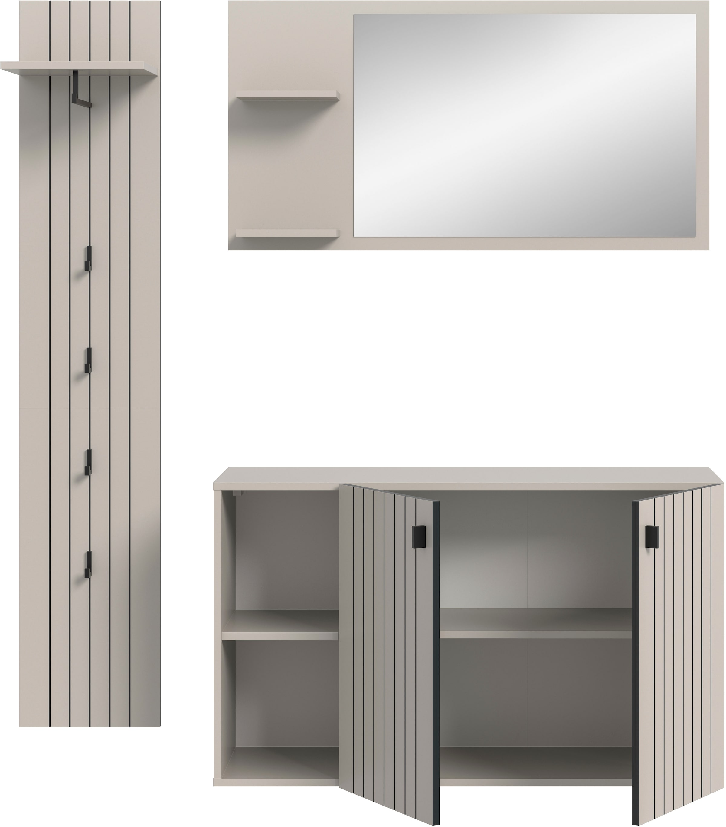 INOSIGN Garderoben-Set »TATIO, 3-tlg. Garderobenkombination, Breite: 152 cm Rillenfräsung« Set, Set, best. aus: 1 Spiegel, 1 Garderobenpaneel, 1 Schuhkommode, 3 Stk. tlg.