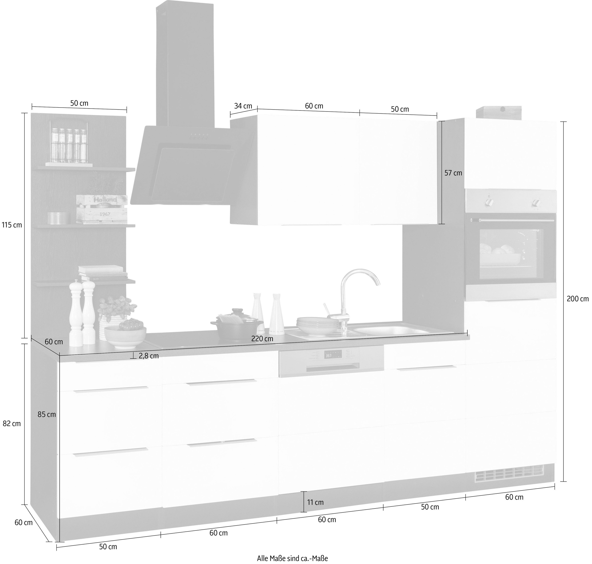 KOCHSTATION Küchenzeile »KS-Brindisi Breite 280 cm« wahlweise mit E-Geräten und Induktion, mit MDF-Fronten und Regal