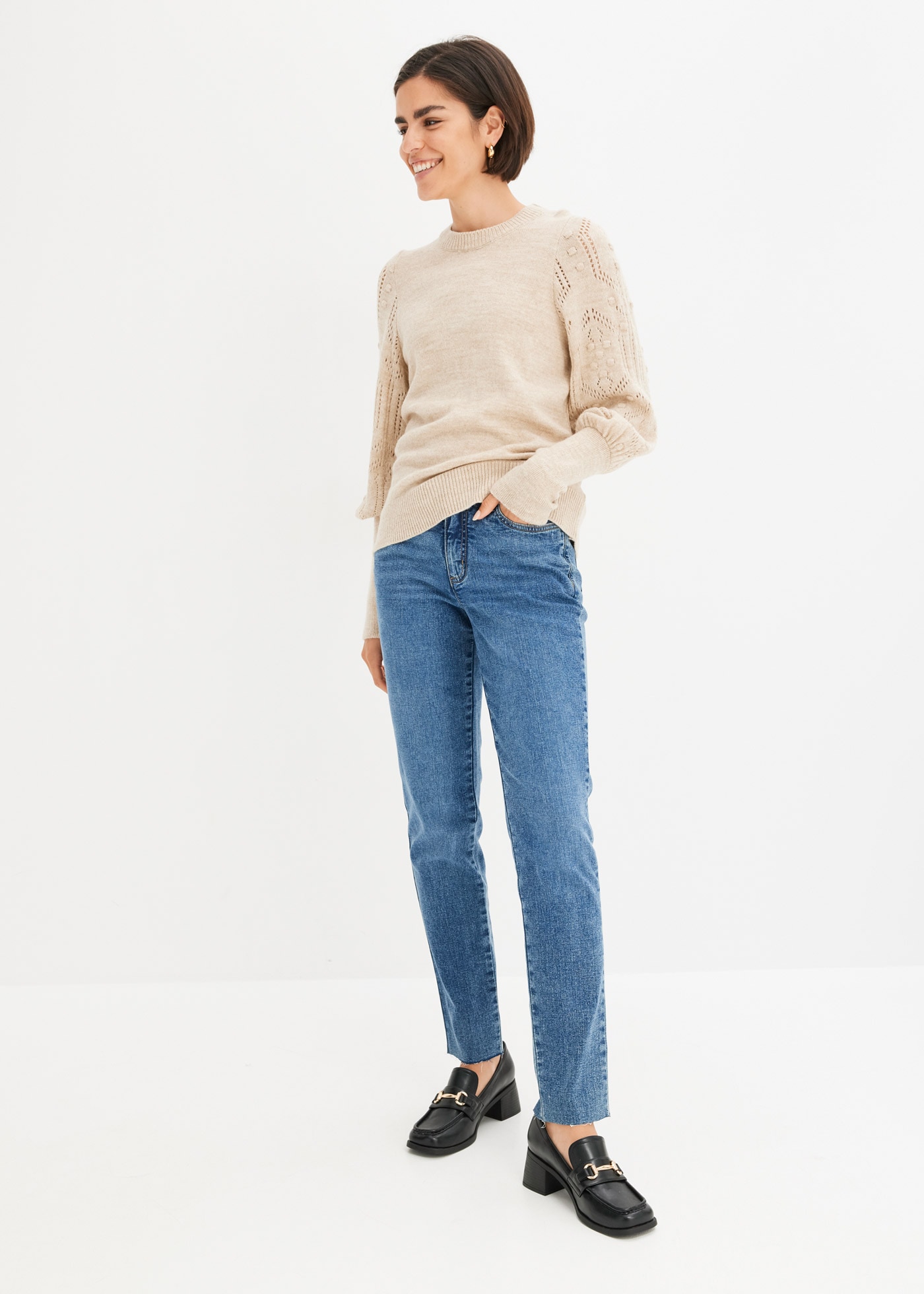 bonprix Strickpullover Ballonärmel mit tollem Ajourmuster und extra breitem Strickbündchen