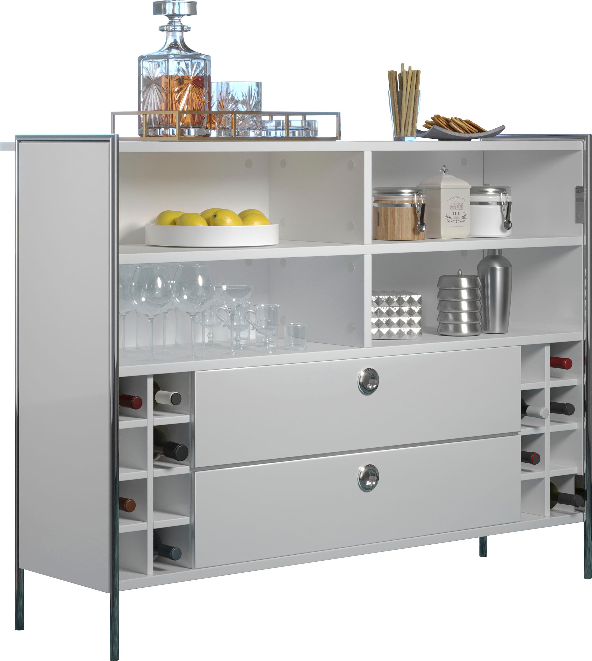 Places of Style Tresentisch »Imperia«, Mobile Bar mit Chromrahmen, viel Stauraum - (B/T/H) 140/48/109 cm