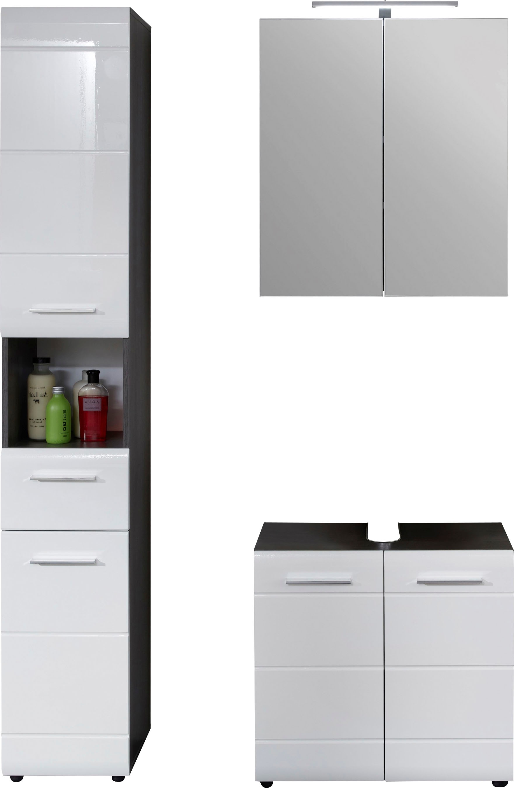 trendteam Hochglanz- Jahren 3 Garantie XXL in Waschbeckenunterschrank, oder Fronten Holzoptik und mit (Set, mit Spiegelschrank Hochschrank LED-Beleuchtung, 3 St.), »Skin«, Badmöbel-Set