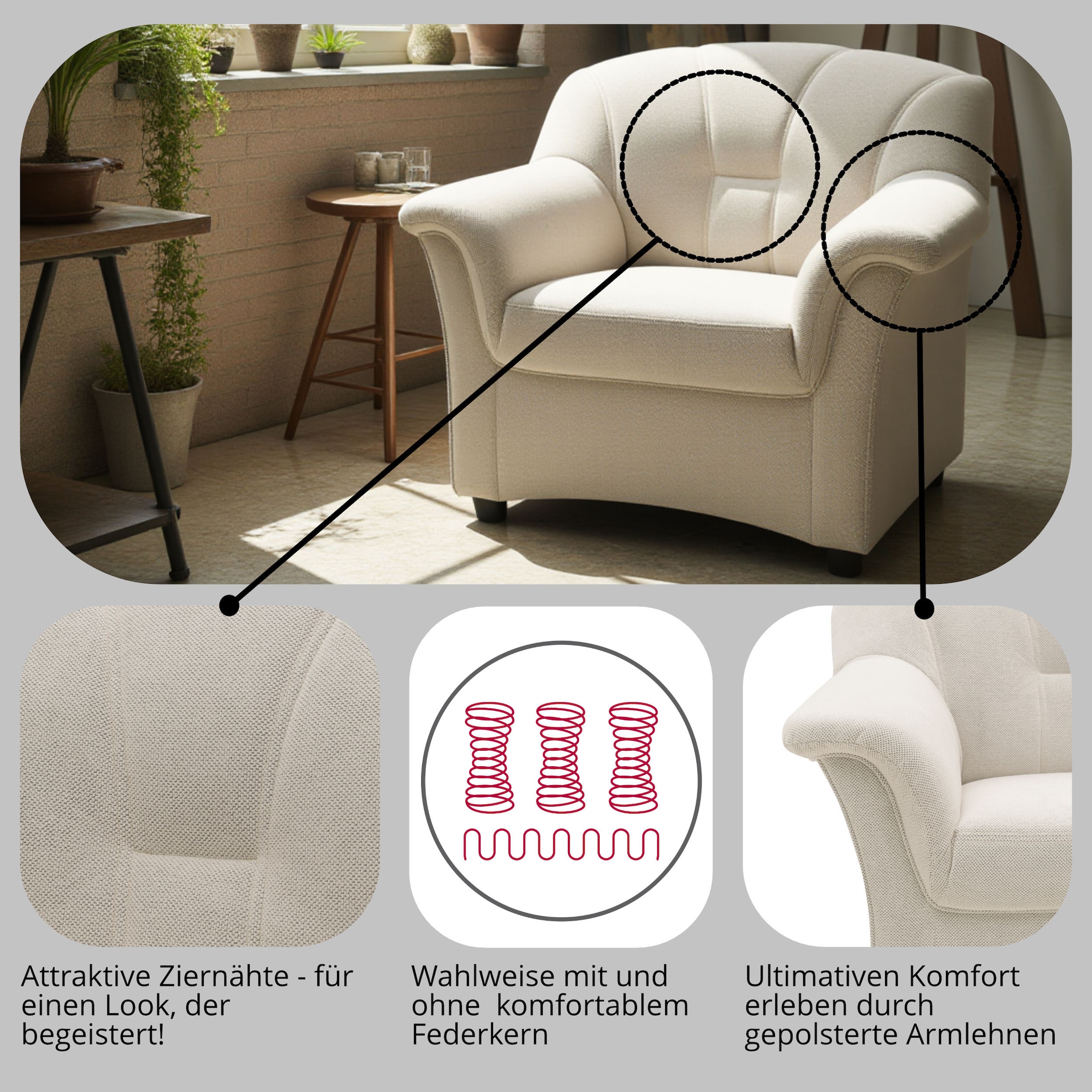 DOMO collection Sessel »FLORES 92x82 cm, hochwertig & besonders komfortabel« whlw. mit Federkern (nicht bei Microfaser PRIMABELLE®-Struktur)