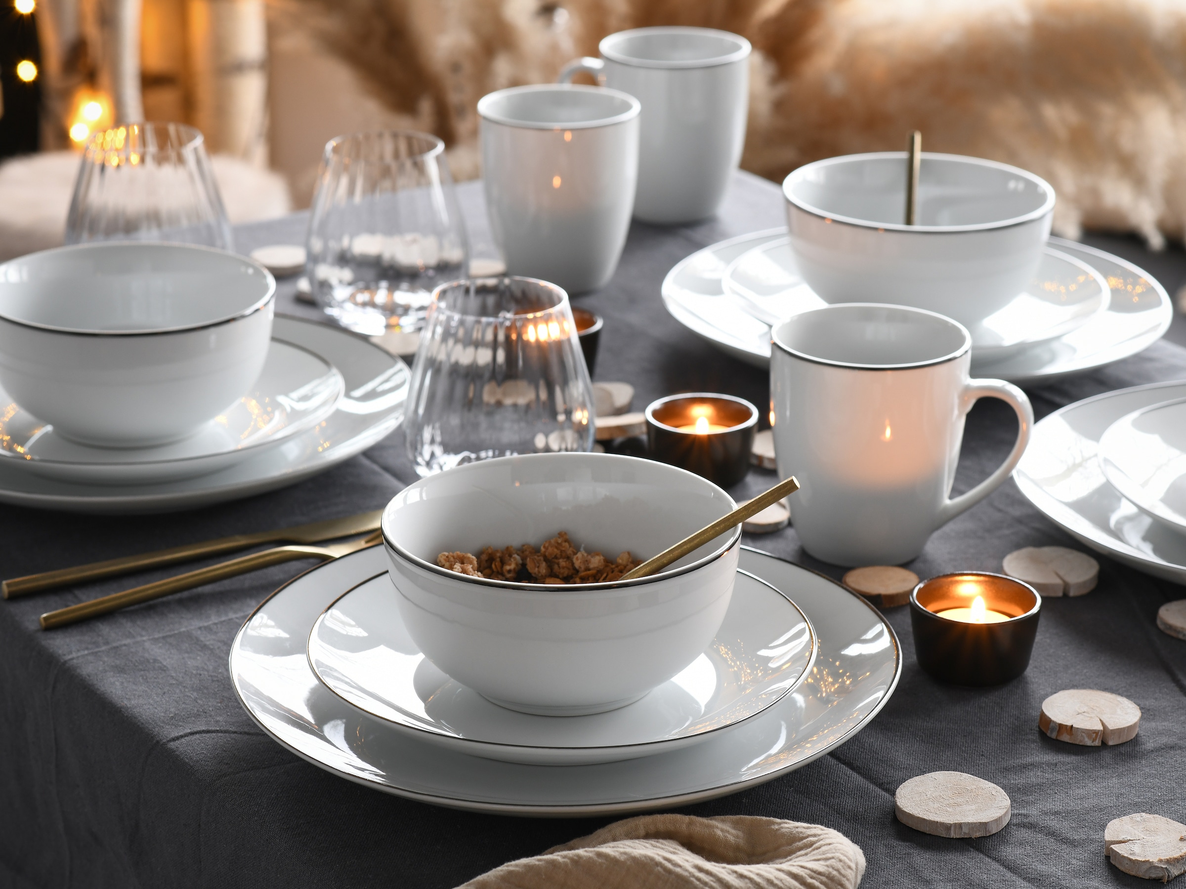 CreaTable Kombiservice »Luna Black Line«, (Set, 16 tlg.), handgemaltes Liniendekor