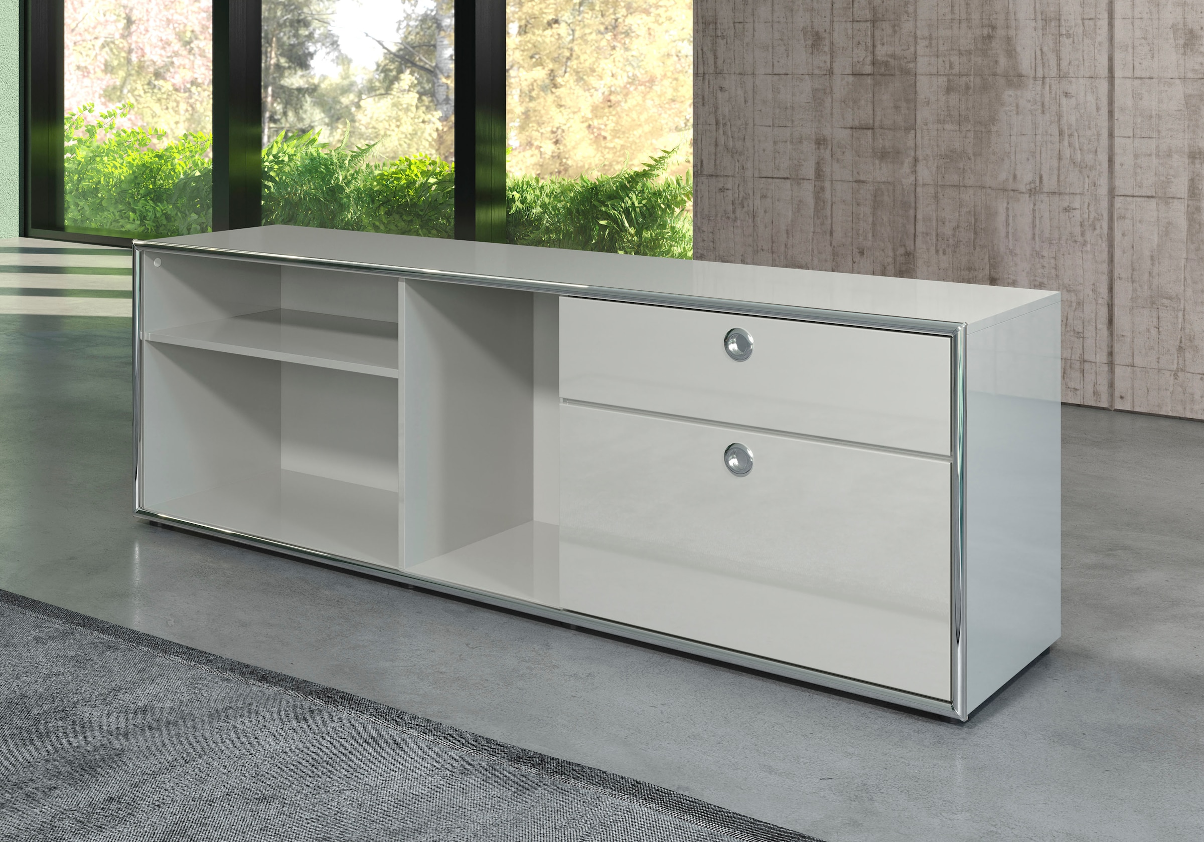 Places of Style Schrank-Set »Imperia«, (Set, 2 St., Infinity), Schreibtisch mit Lowboard in eleganter Hochglanzoptik und Chromrahmen
