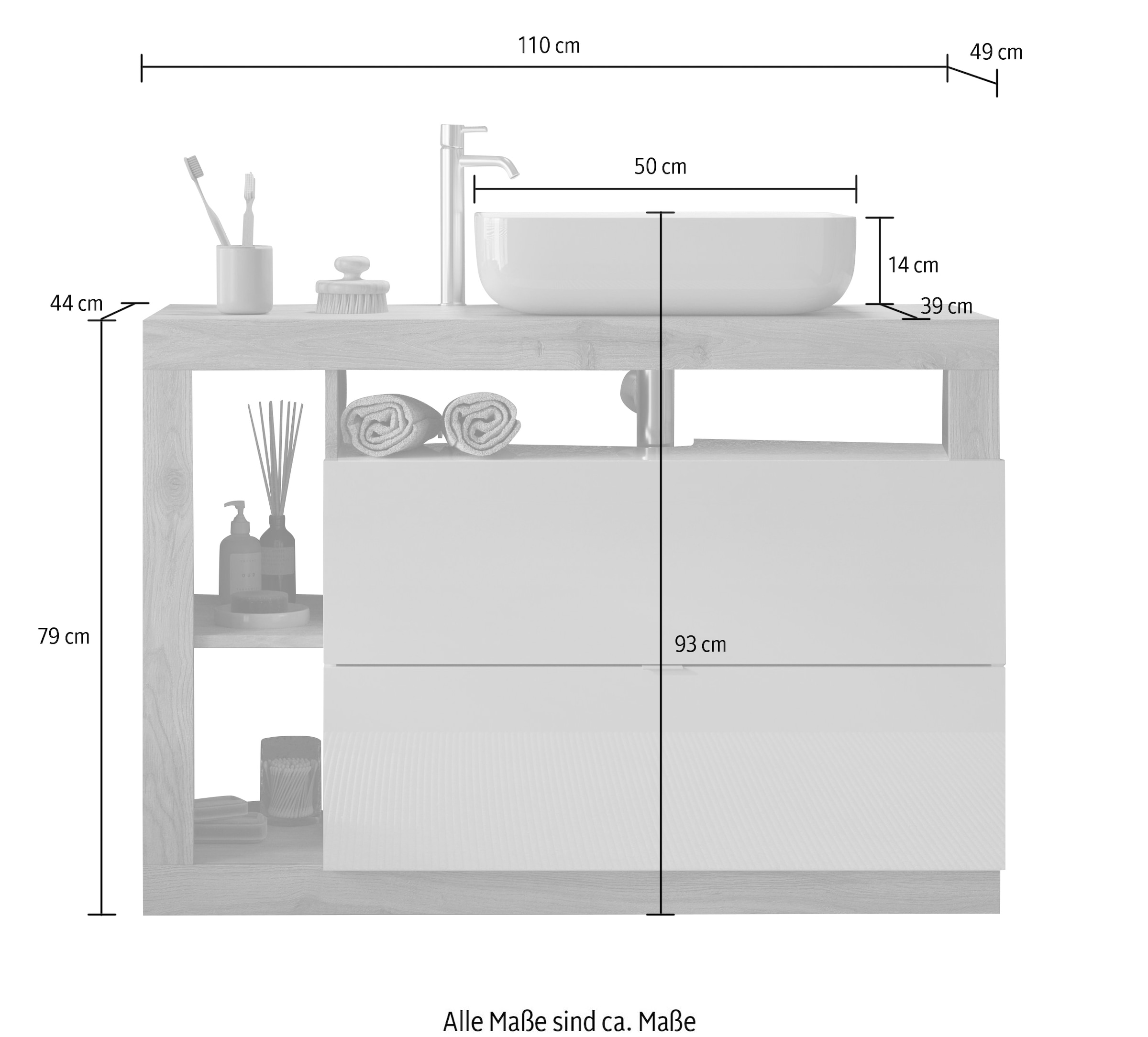 welltime Waschtisch »Hamburg«, 2 Schubkästen, Breite 110 cm, Soft-Close, inkl. Keramik-Aufsatzbecken