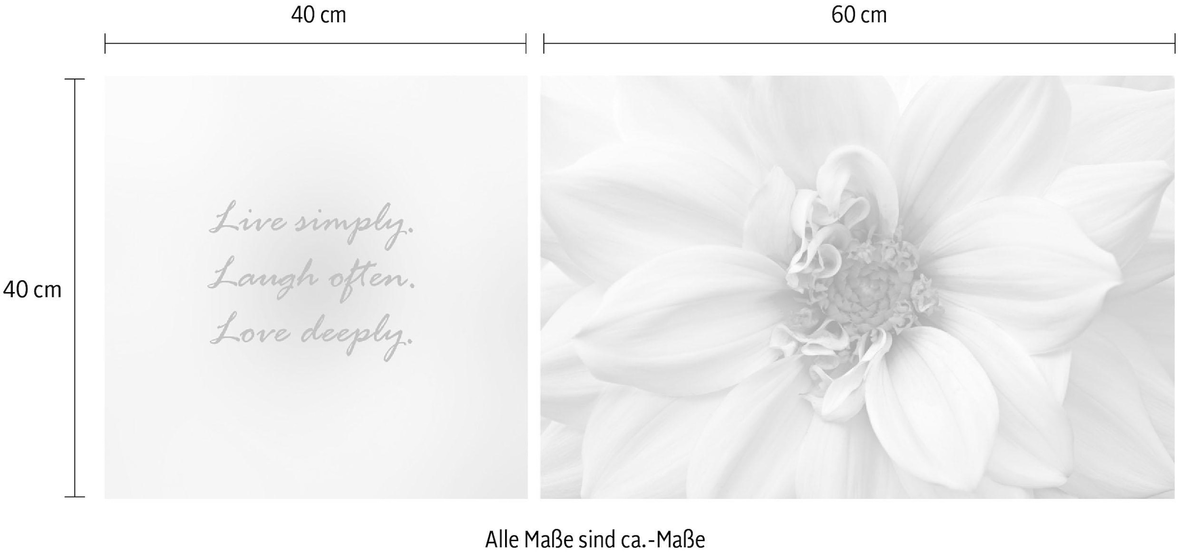 queence Leinwandbild »Live, Laugh & Love«, Blumen-Blumenbilder-Kunst-Modern-Spa-Spa Bilder-Sprüche-Sprüche & Texte-Schriftzug-Schriftzüge, (Set), Premium-Leinwandstoff, Handarbeit aus Deutschland, Spruch, 2er Set