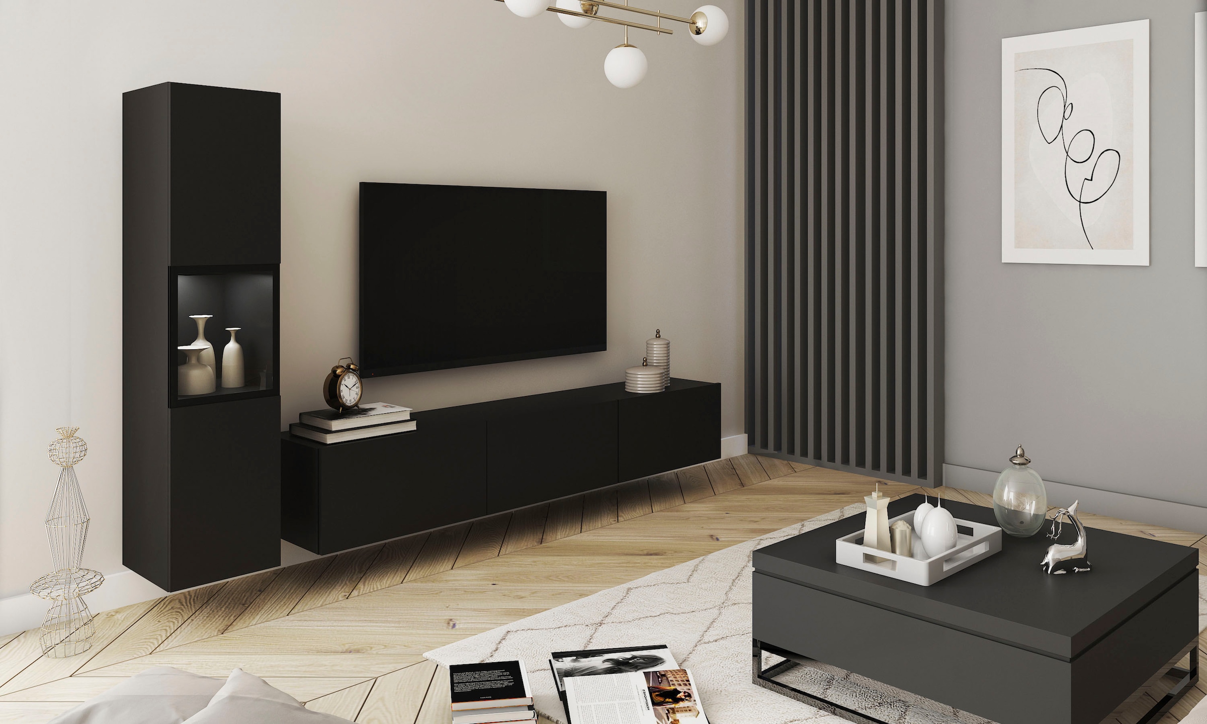 INOSIGN Wohnwand »BERLIN I, Vitrine Türschlag links/rechts wechselbar«, (Komplett-Set, 2 St.), moderne grifflose Mediawand Breite 220 cm, Vitrine mit Verglasung