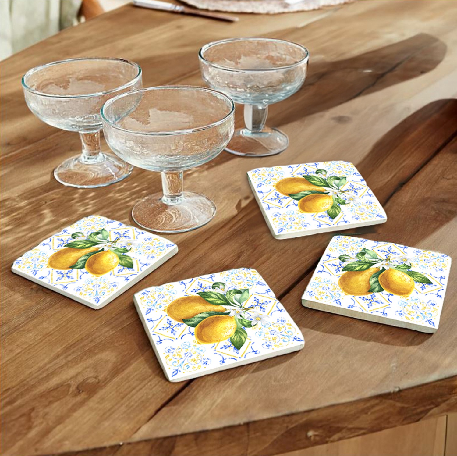 queence Getränkeuntersetzer »Zitronen Mosaik Motiv Fliesen Steine«, (Set, 4 tlg.), Zitronen Set Topfuntersetzer Naturstein Untersetzer 10x10x1cm