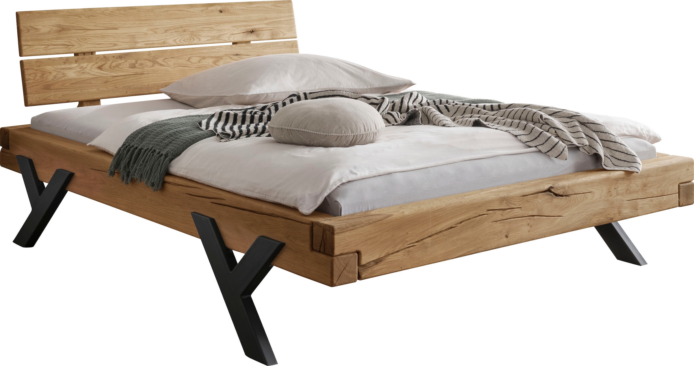 Home affaire Massivholzbett »Ultima«, aus Holz in Balken-Optik mit Y-Bein aus Metall