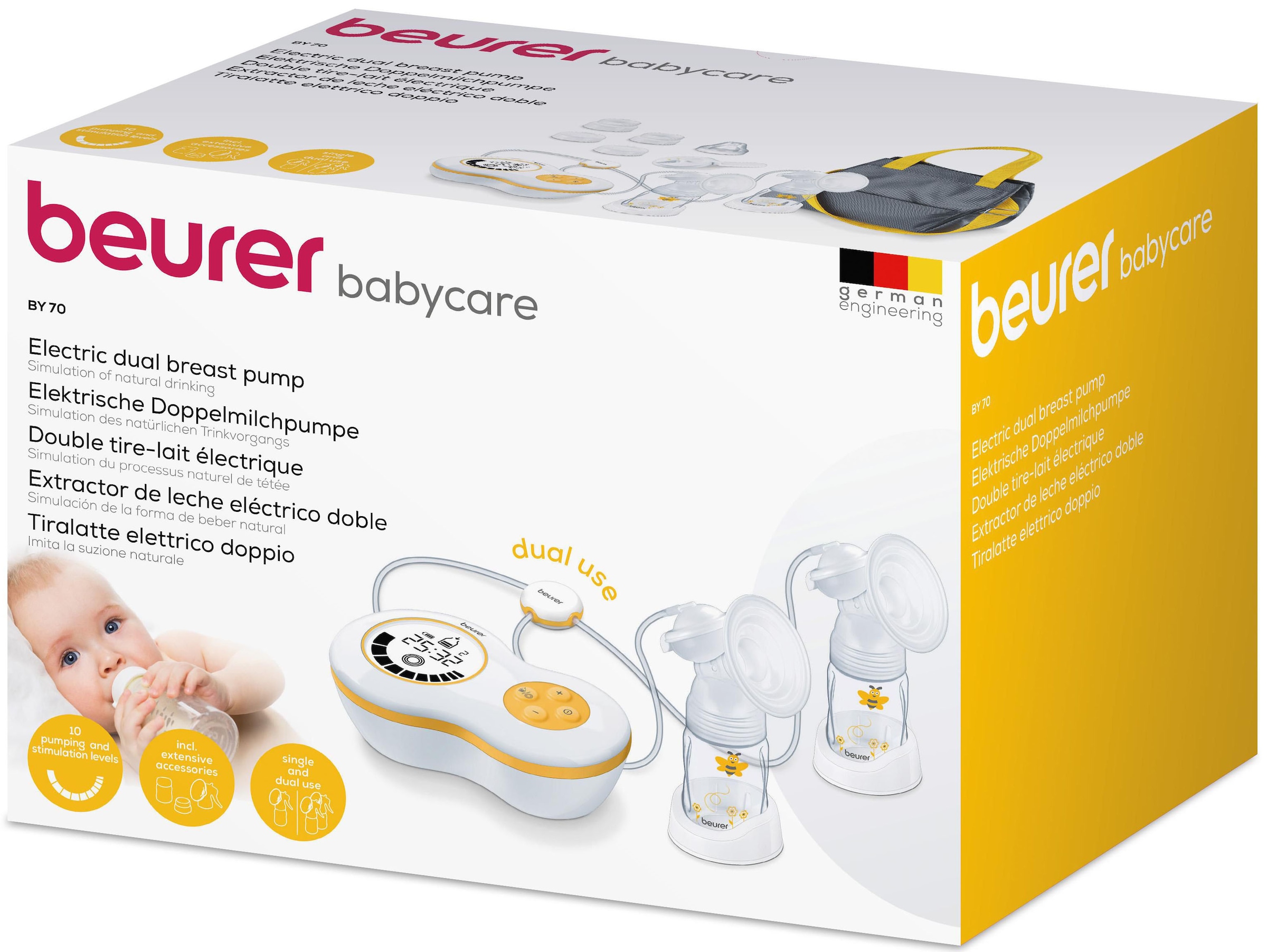 BEURER Elektrische Doppelmilchpumpe »BY 70 inkl. Handpumpe«, Für beid- und einseitiges Abpumpen geeignet, 10 Stimulationsstufen