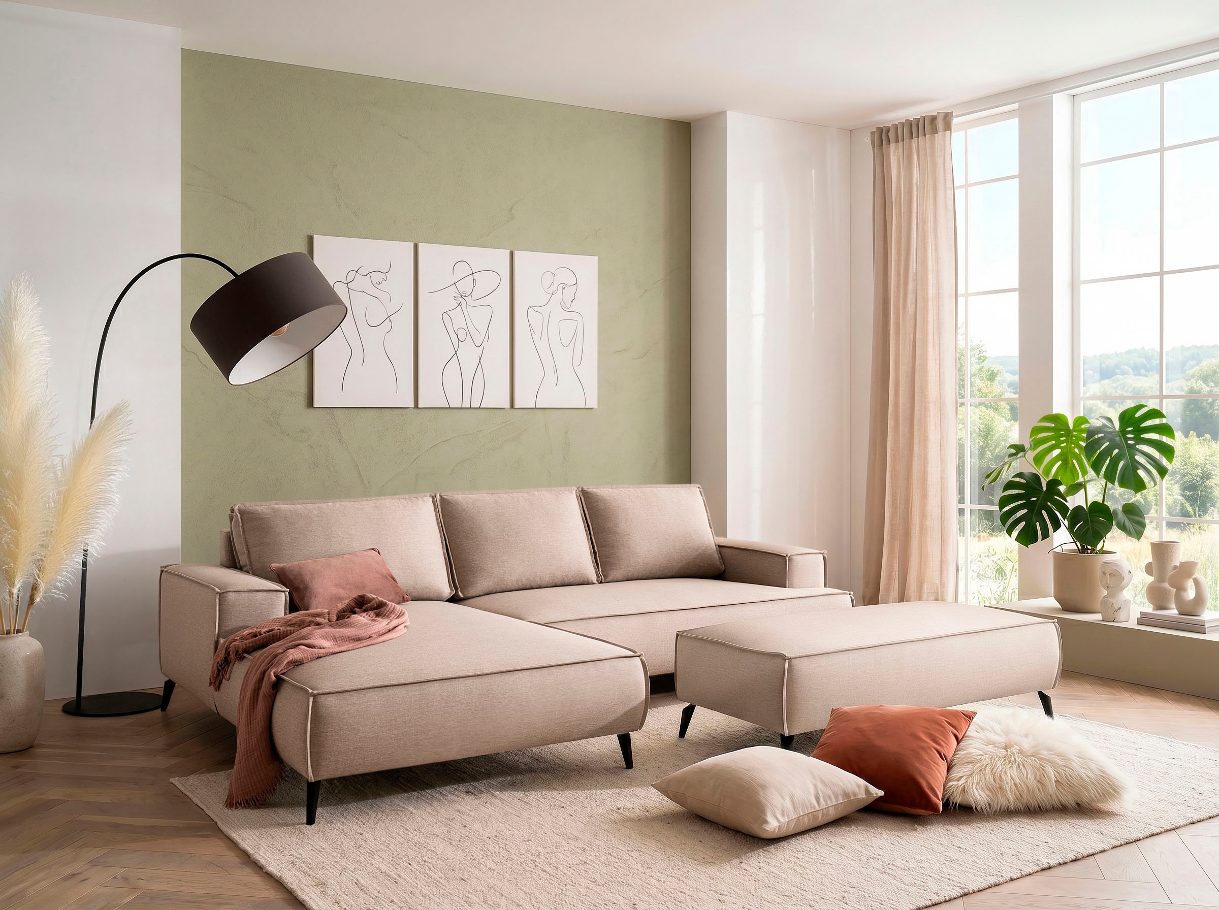 OTTO home Ecksofa »TVINNU Leinenoptik, L-Form, 275 cm, mit Hocker« stellbar zum Schlafsofa (Krokodilverbinder)