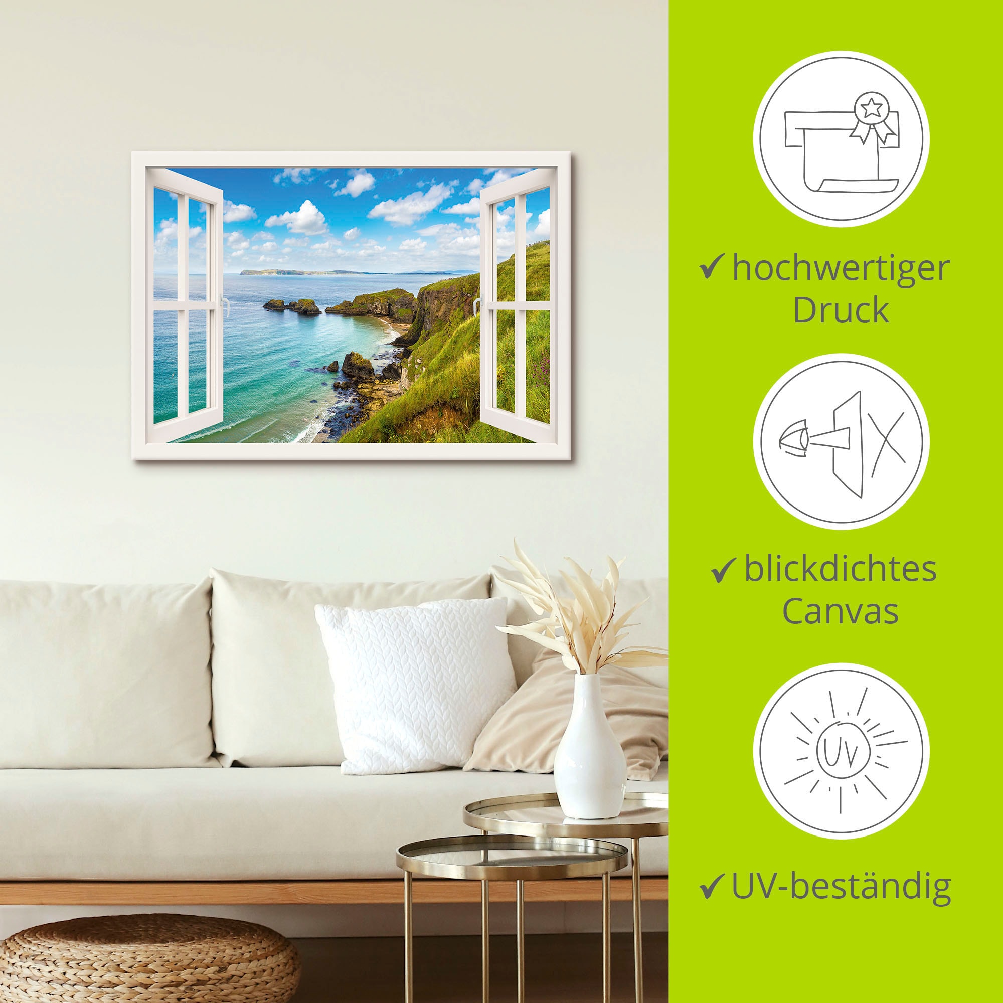 Artland Wandbild »Küstenweg in Nordirland durchs Fenster«, Meer Bilder, (1 St.), als Leinwandbild, Wandaufkleber oder Poster in versch. Größen