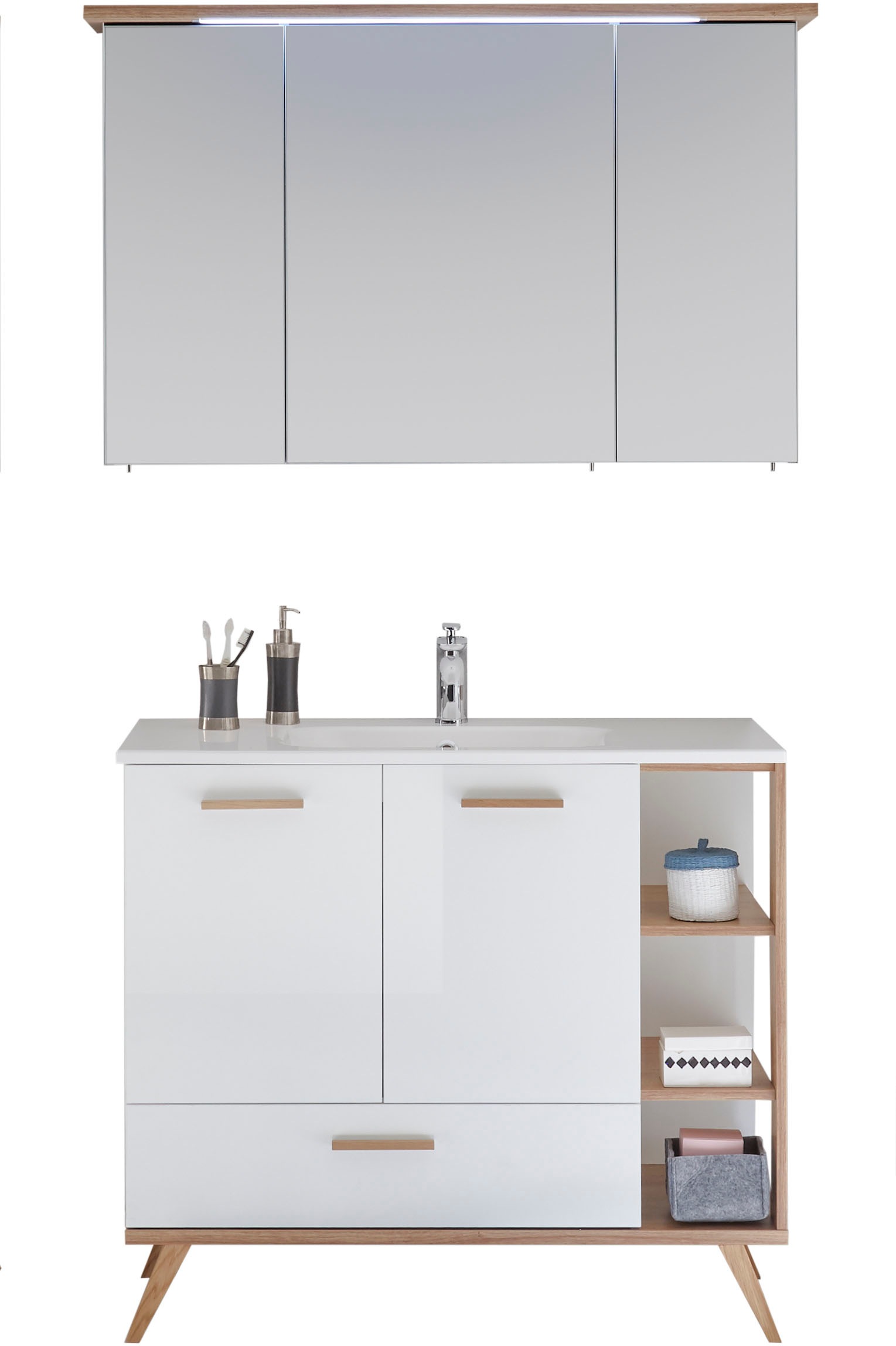 Saphir Badmöbel-Set »Quickset Mineralmarmor-Waschtisch mit LED-Spiegelschrank«, (2 St.), Waschplatz 115 cm breit, 5 Türen, 1 Schublade, inkl. Türdämpfer