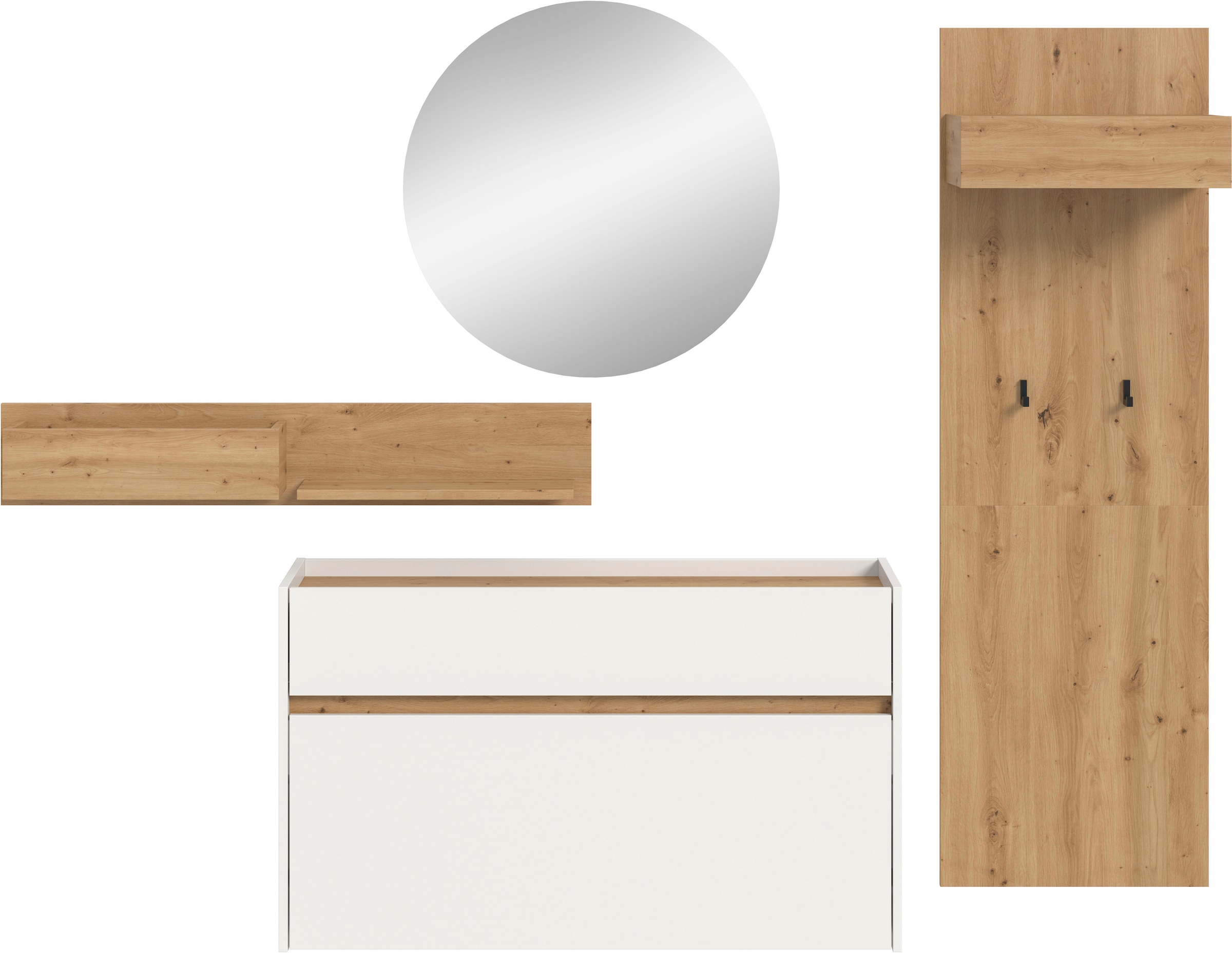 Home affaire Garderoben-Set »EVRID, 4-teilig, Breite 205 cm, individuell hängbar & erweiterbar« best. aus: Wandboard, Kommode, Spiegel, Garderobenpaneel, 4 Stk. tlg.