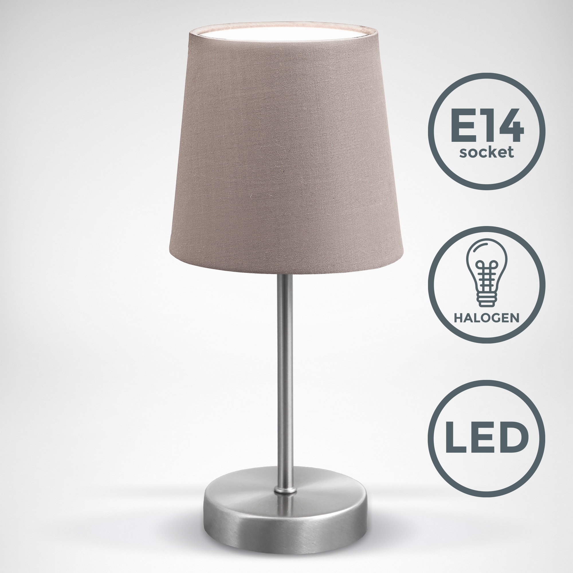 B.K.Licht Tischleuchte, 3 mit E14 mit online LED taupe Stoff 1 matt-nickel kaufen IP20 Garantie Schalter XXL Jahren | flammig-flammig, Nachttischlampe