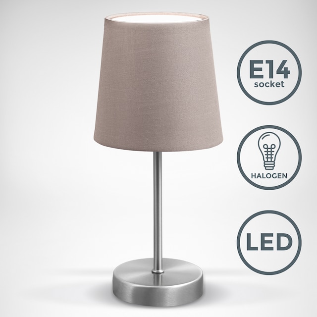 mit online Garantie E14 Stoff mit B.K.Licht Nachttischlampe LED matt-nickel IP20 1 kaufen 3 Schalter XXL Tischleuchte, taupe | flammig-flammig, Jahren