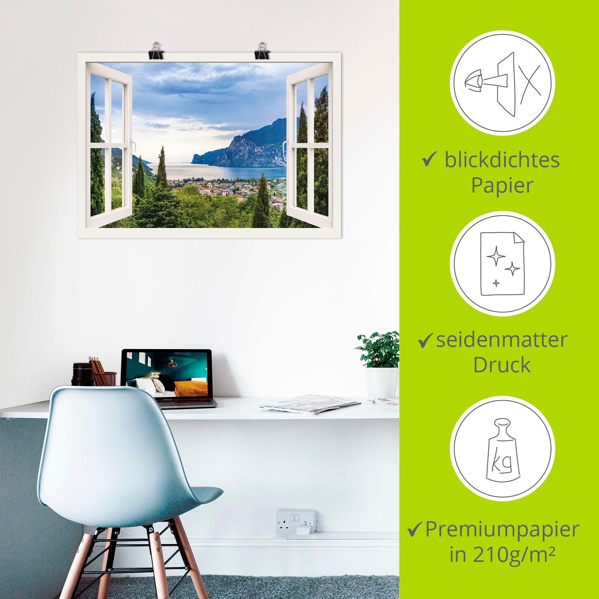 Artland Wandbild »Gardasee durchs weiße Fenster« Seebilder 1 Stk. tlg. als Alubild, Leinwandbild, Poster in verschied. Größen
