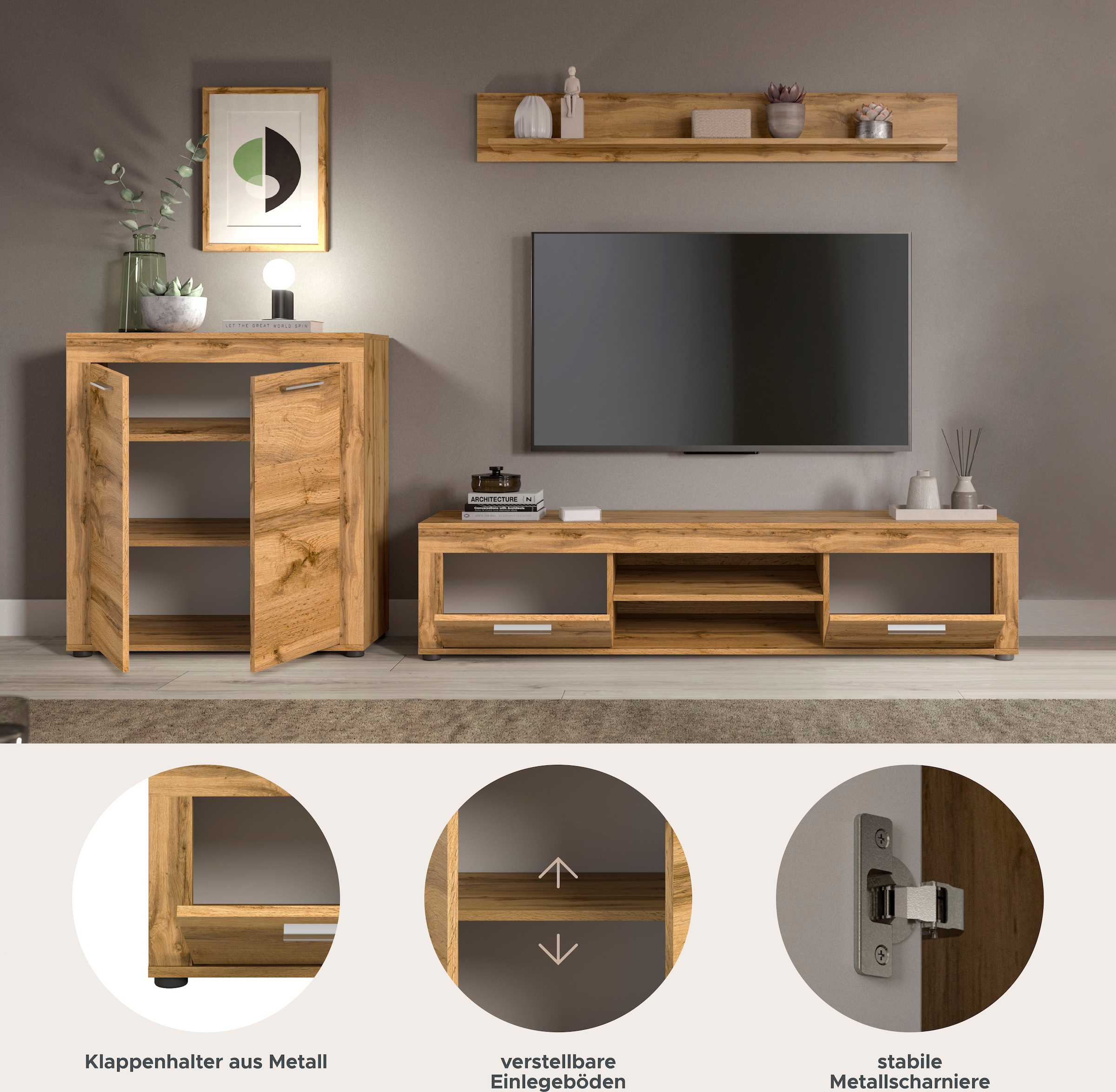 Home affaire Wohnwand »Aosta, Breite 255cm, bestehend aus Highboard, Lowboard, Wandboard« 3 Stk. tlg.