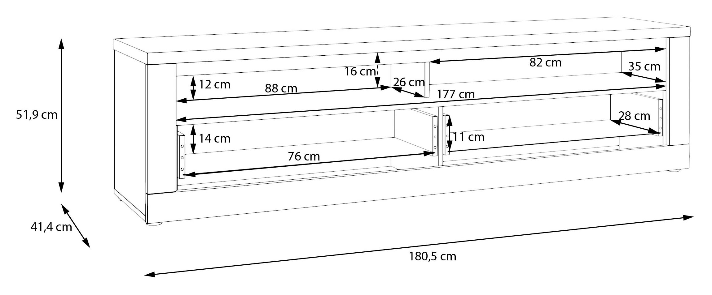 FORTE TV-Board »TV-Schrank, grifflos, offene Fächer« B/H/T 181,1/48,2/41,6 cm, Front glänzend
