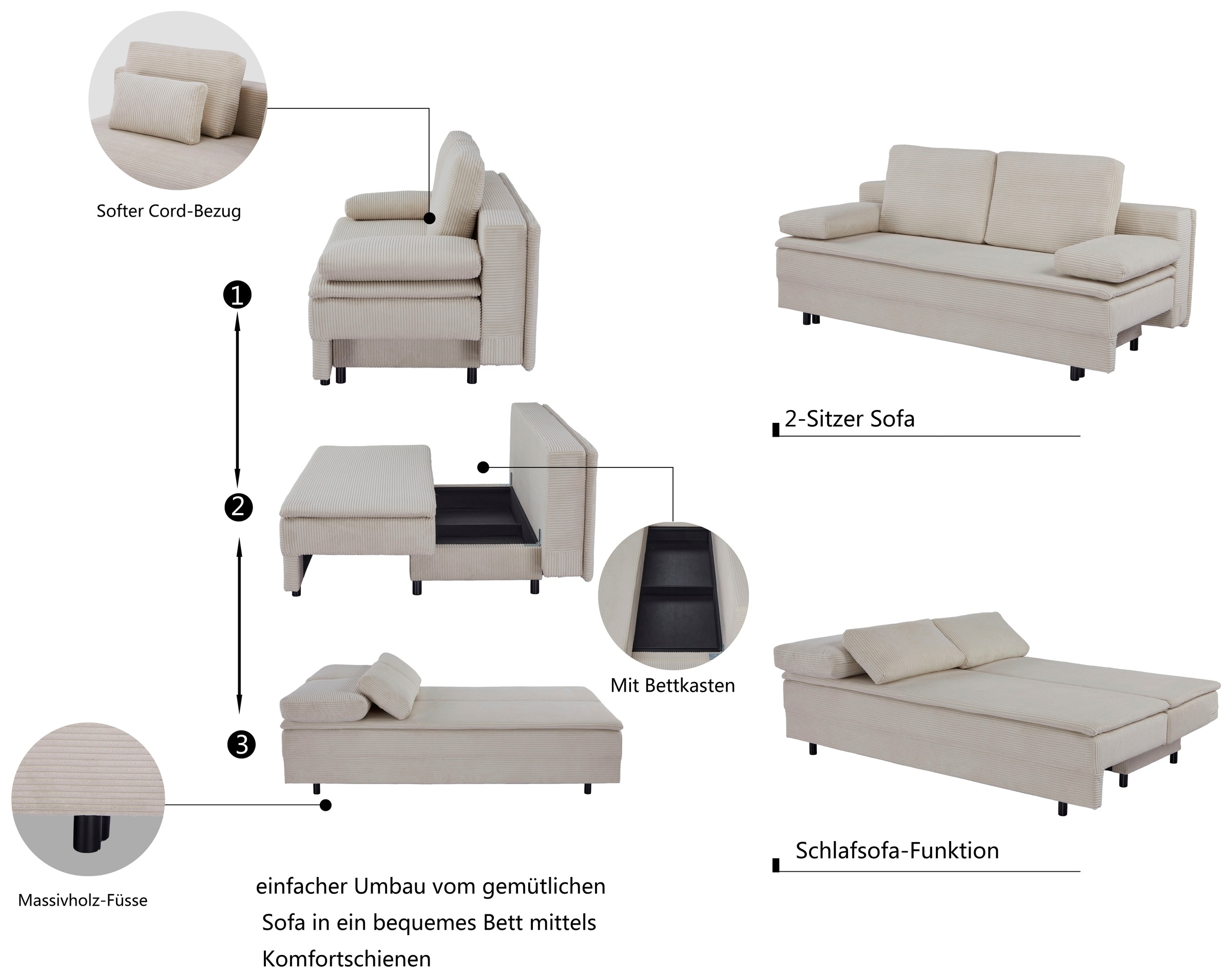 OTTO home Schlafsofa »JANNIKO Cord, Breite: 193 cm, Liegefläche 124x193 cm, softer Cord« mit Bettfunktion & Bettkasten