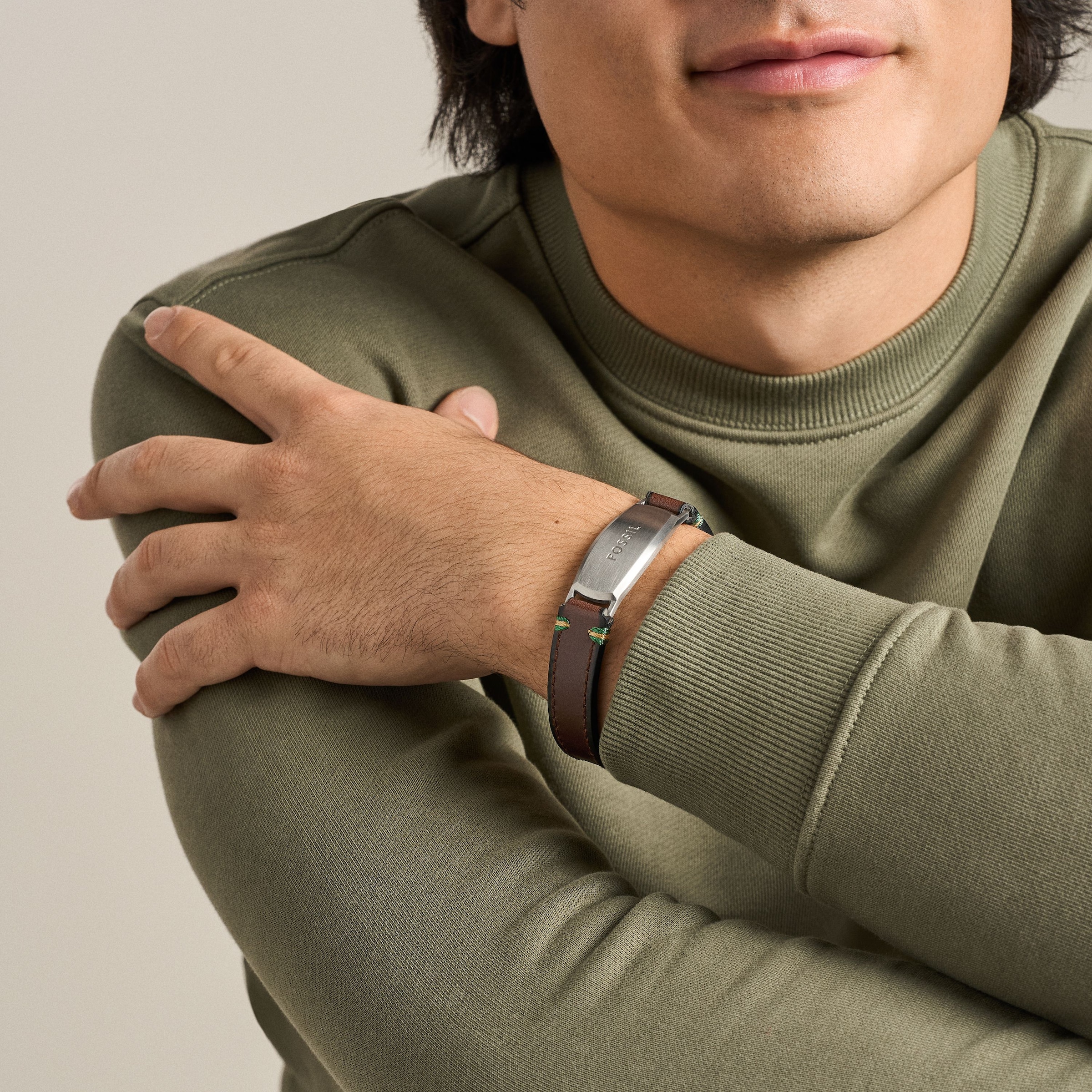 Fossil Armband »Schmuck Geschenk Edelstahl Leder Armschmuck Armkette Everett«