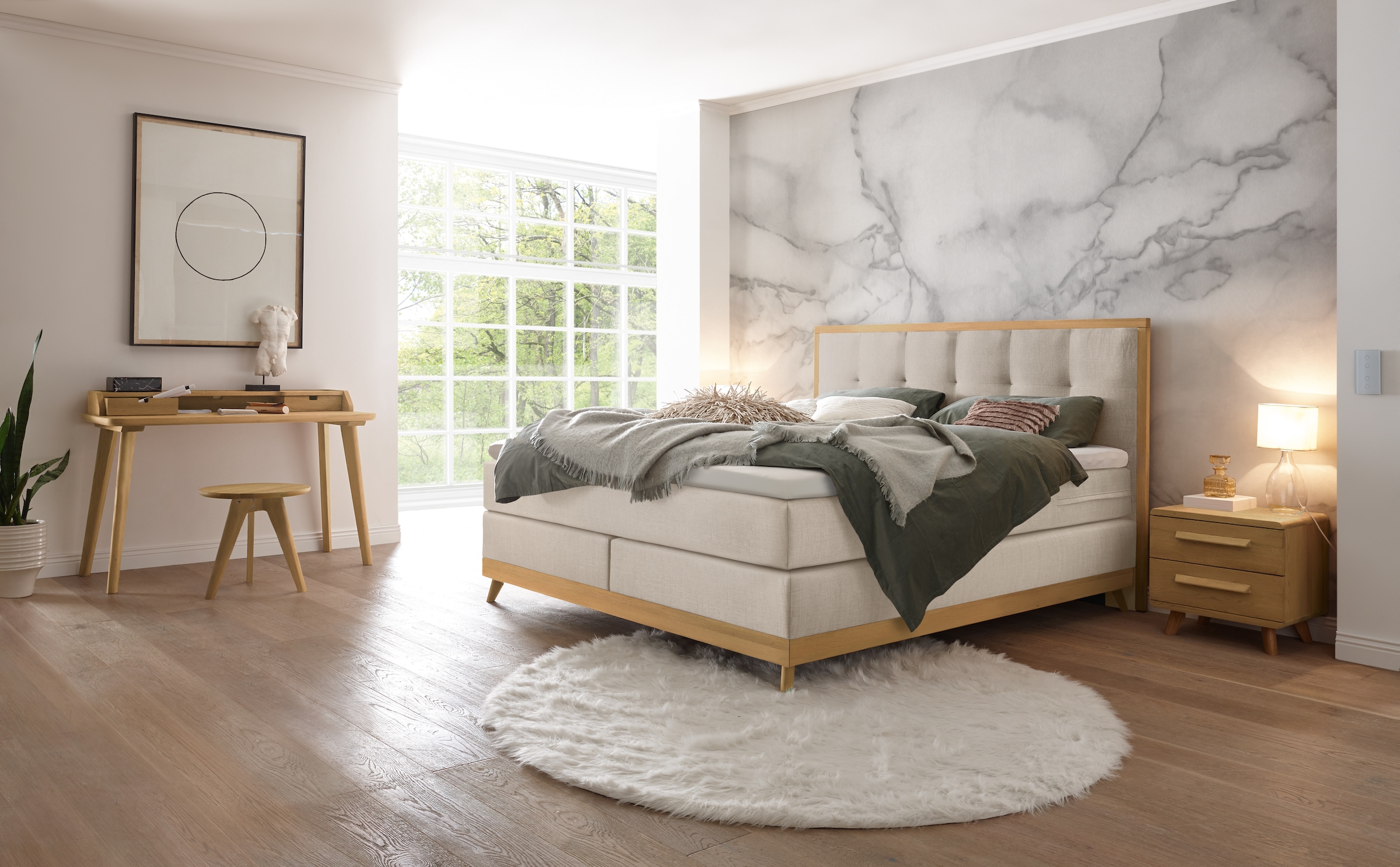 HASENA Boxspringbett Villa, Boxspringbett, edle Polsterteile, Sockel und Kopfteil aus heller Eiche