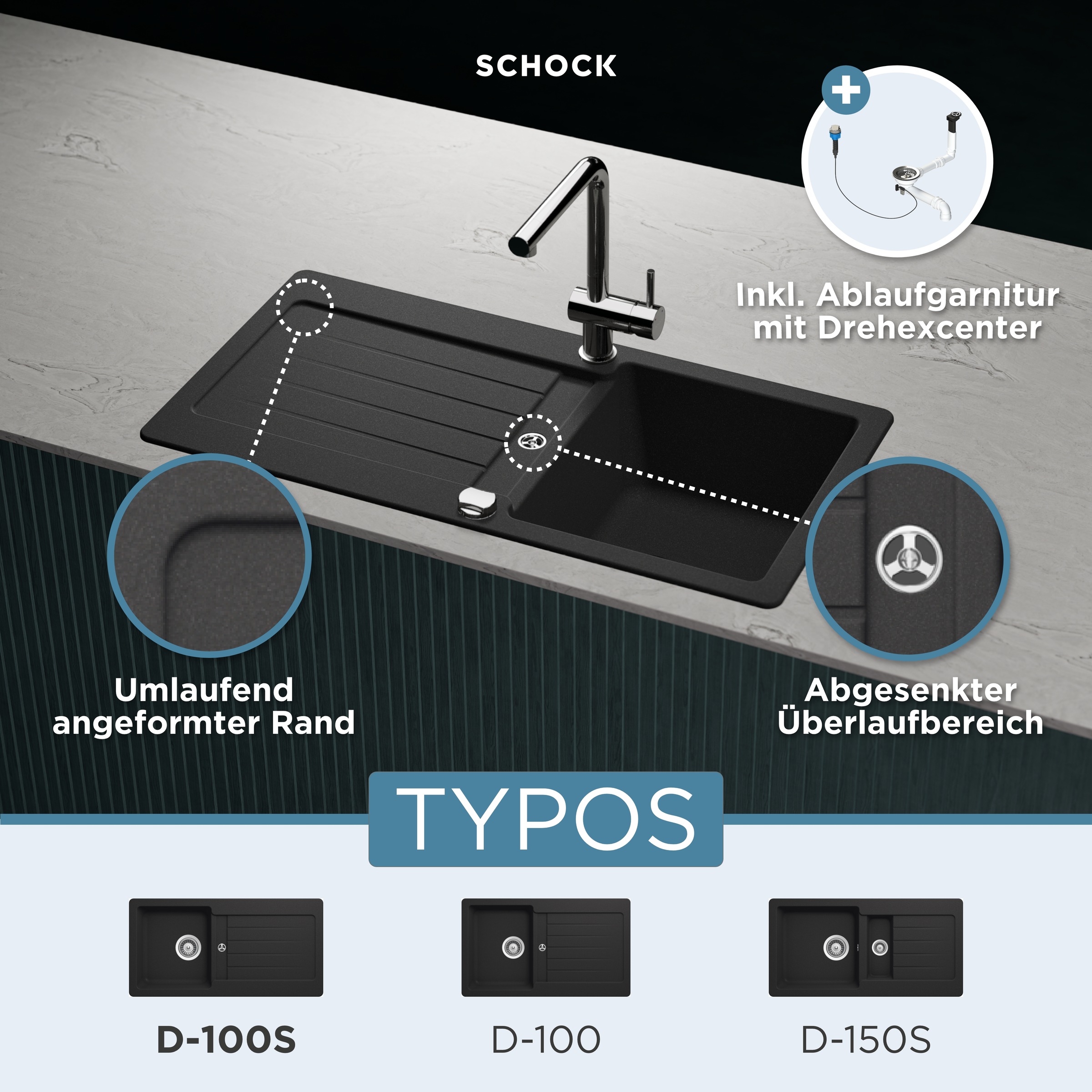 Schock Granitspüle »Typos D-100 S«, mit Ablauf und Abtropffläche, links und rechts einbaubar