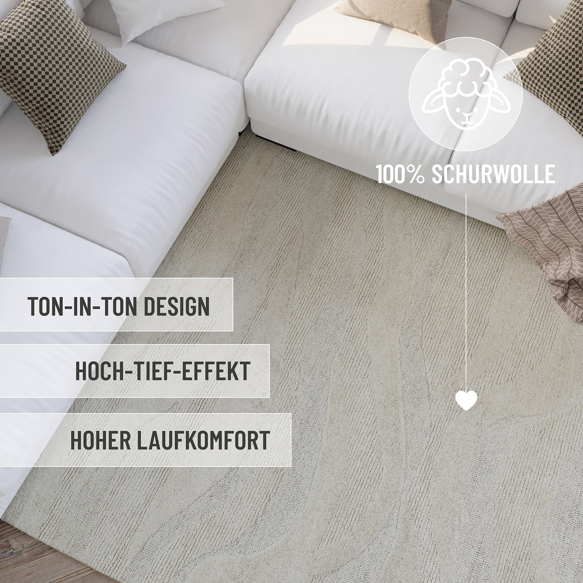 Wecon home Wollteppich »Hamptons THIRTYFOUR«, rechteckig, 15 mm Höhe, Läufer, Schurwolle, Kurzflor, Wohnzimmer, Schlafzimmer, Wellen