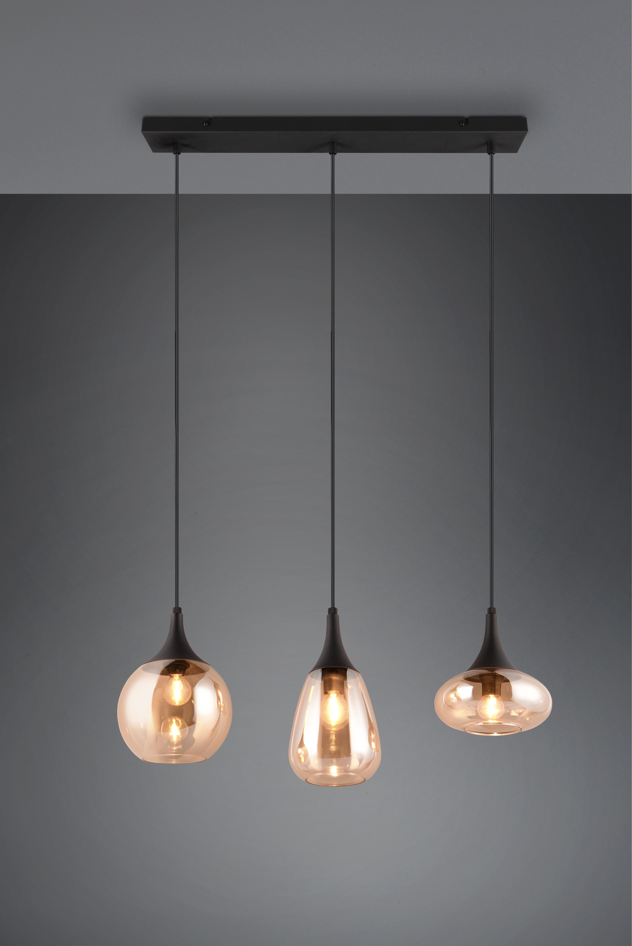 TRIO Leuchten Pendelleuchte »Lumina, E14 Hängelampe 3-flammig Glasschirme in 3 Formen amberfarbig« E14 1 Stk. warmweiß - kaltweiß exkl 3x E14 max 40W, Hängeleuchte höhenverstellbar bis max 150 cm