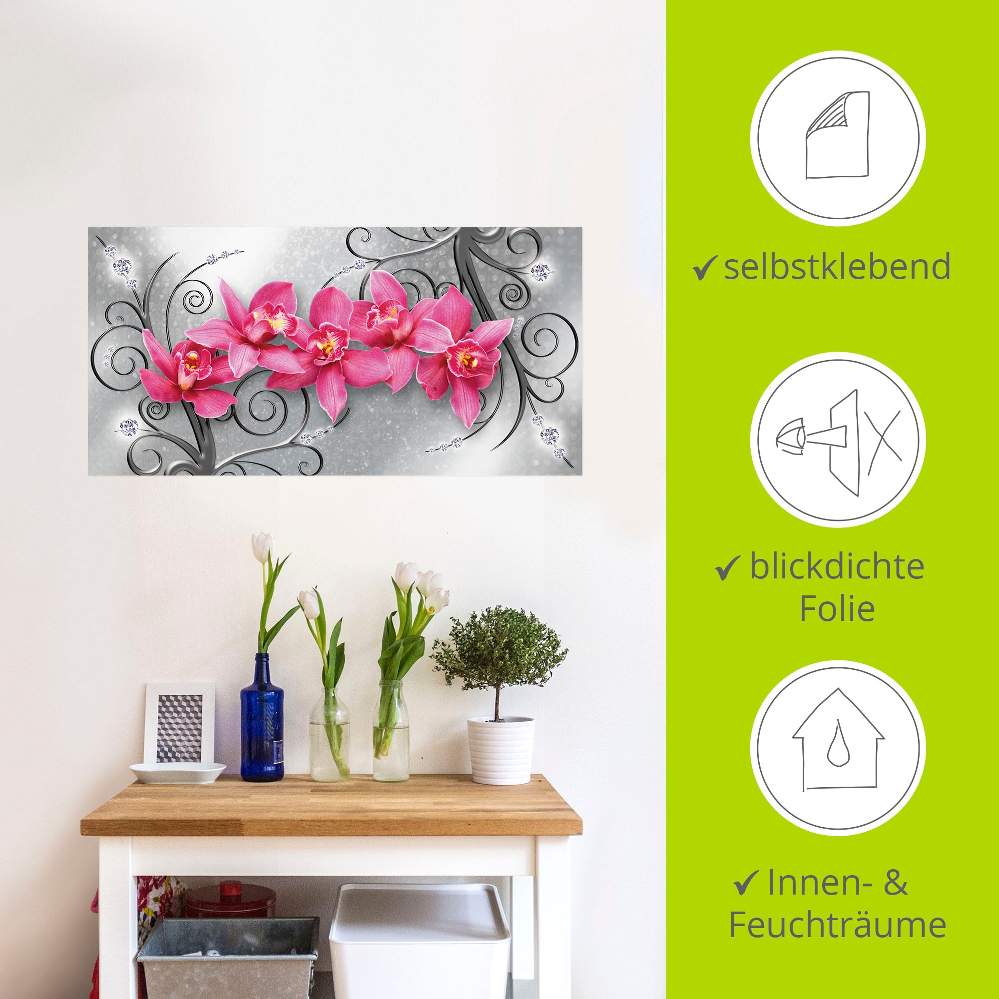 Artland Wandbild »rosa Orchideen auf Ornamenten«, Blumenbilder, (1 St.), als Alubild, Outdoorbild, Leinwandbild, Poster, Wandaufkleber