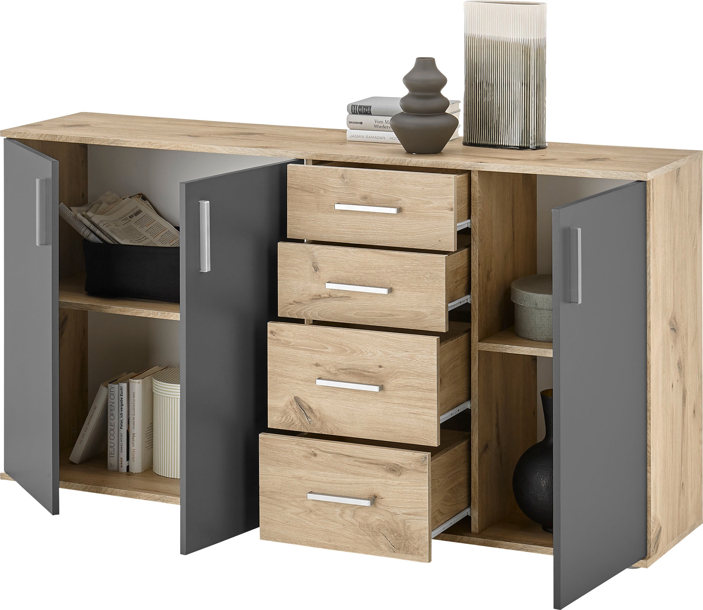 HBZ Kommode »BC-Drift-2, Sideboard Stellmaß BxHxT 160x84x35 cm« 1 Stk. tlg. Sideboard mit 3 Türen und 4 Schubkästen, 2 Einlegeböden