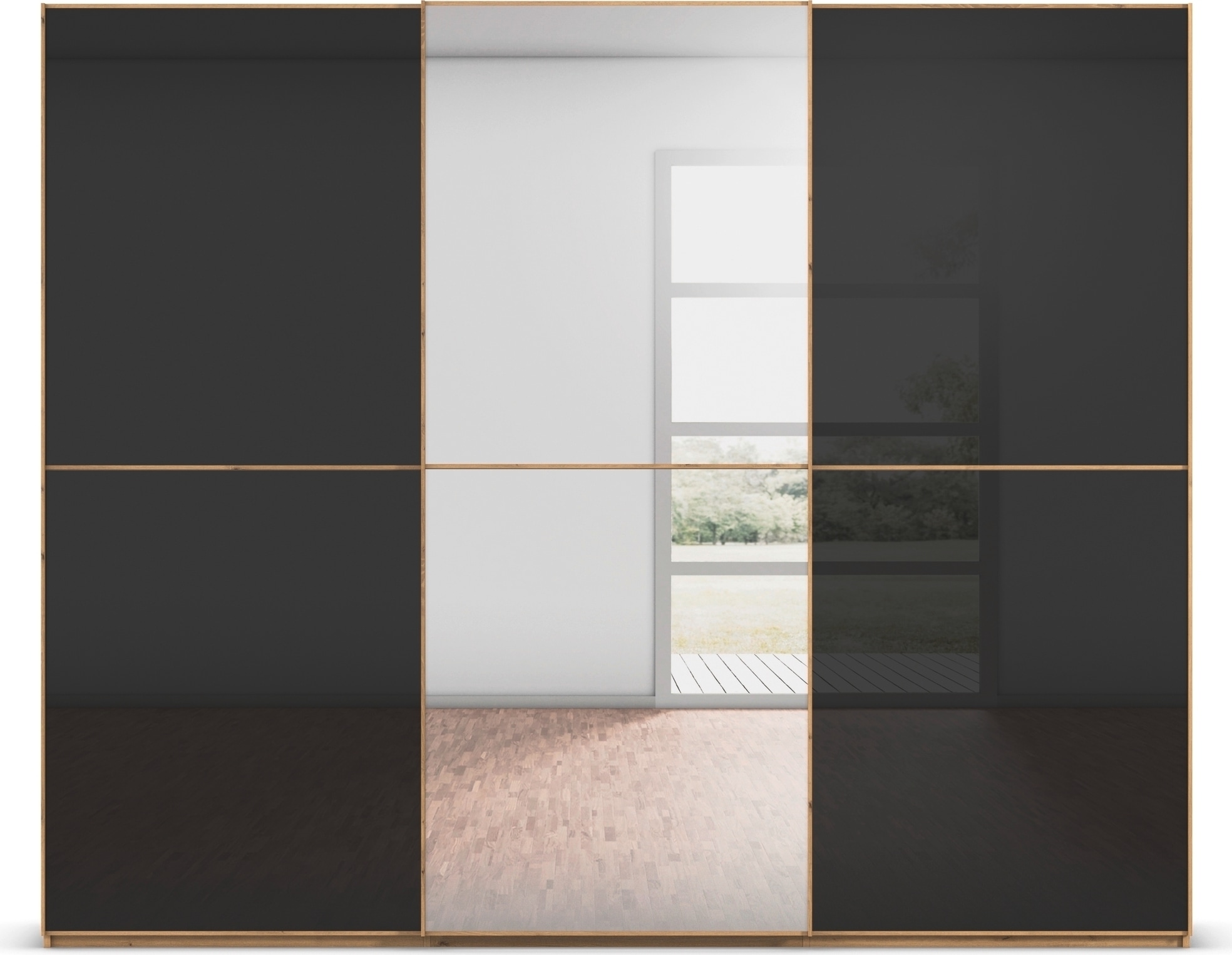 rauch Schwebetürenschrank »Kleiderschrank Schrank Garderobe Schlafzimmerschrank SCALE-DUO«, edle zweigeteilte Türen Spiegel/Glas-Mix 3 Zierleisten MADE IN GERMANY