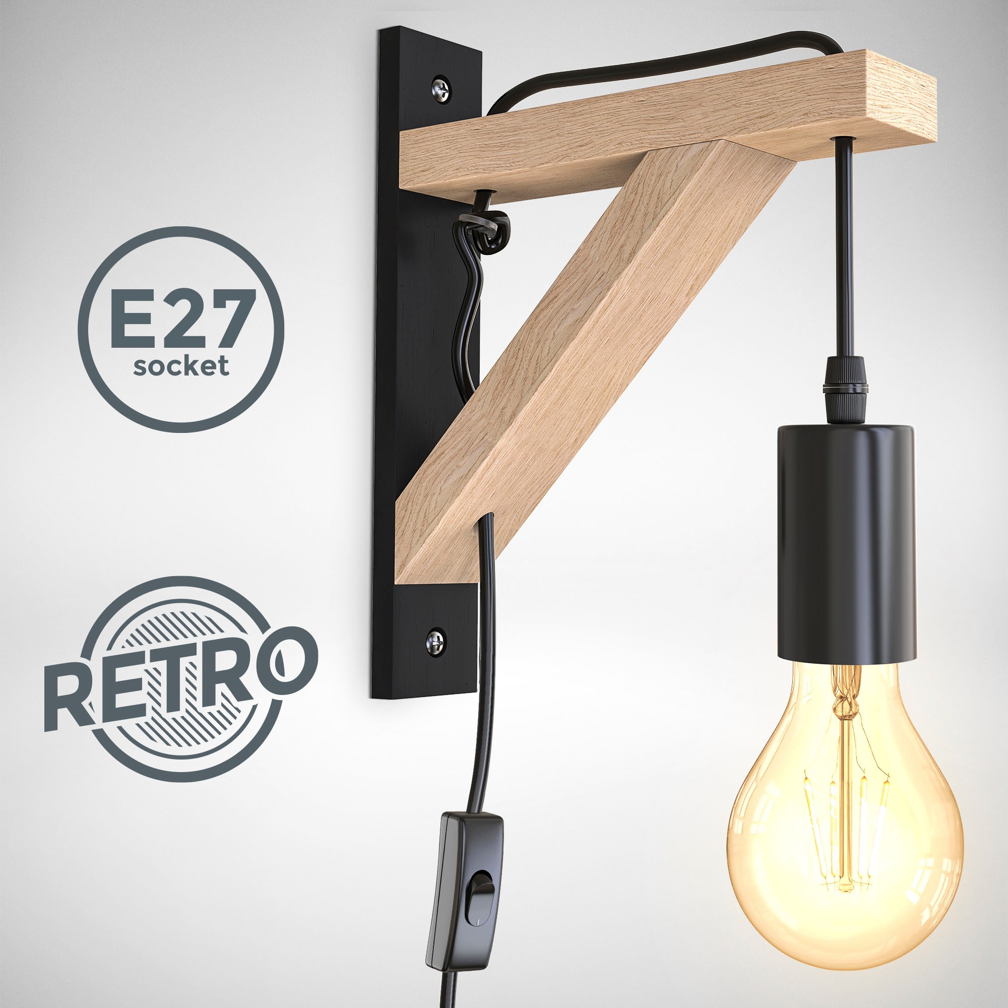B.K.Licht Wandleuchte »BKL1352 Holz-Wandlampe innen, Schwarz, Metall, Landhausstil«, 1 flammig, Leuchtmittel E27 | ohne Leuchtmittel, 1-flammig mit Schalter, E27-Fasssung, ohne Leuchtmittel