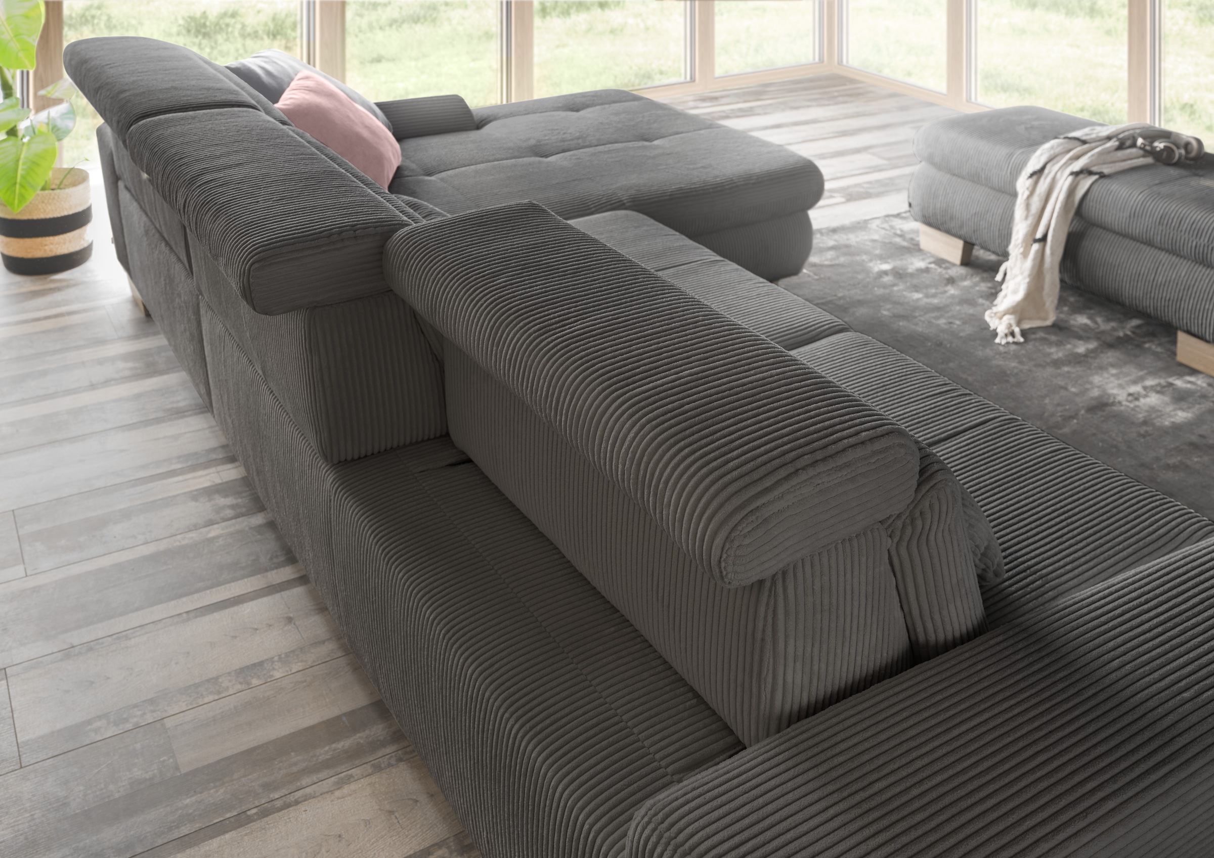 set one by Musterring Ecksofa »SO 3400 Sitzhöhe 47cm oder 49cm, Sitztiefe verstellbar, B/T: 307/195cm«, whlw. mit Funktion, Kaltschaum, in Cord, anthrazit, Sitzhöhe 47