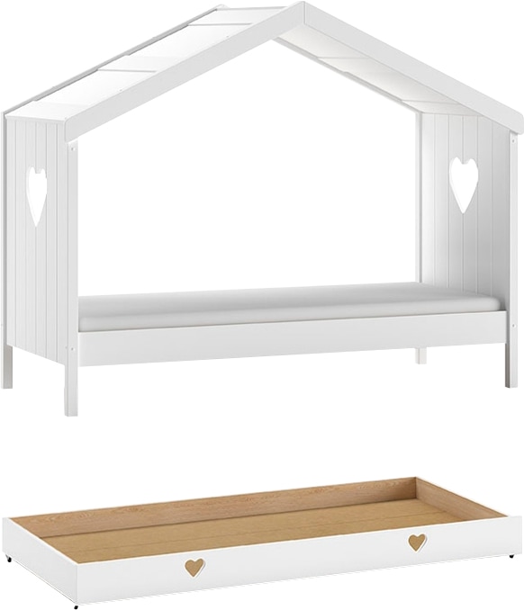 Vipack Hausbett »Amori, inkl. Dach, Rückseitig offen, mit Rolllattenrost« B/H/T ca. 213x171,7x98,7cm, verspielte Herz-Ausschnitte seitlich,  wahlweise, mit oder ohne Schublade und Absturzschutz, weiß lackiert