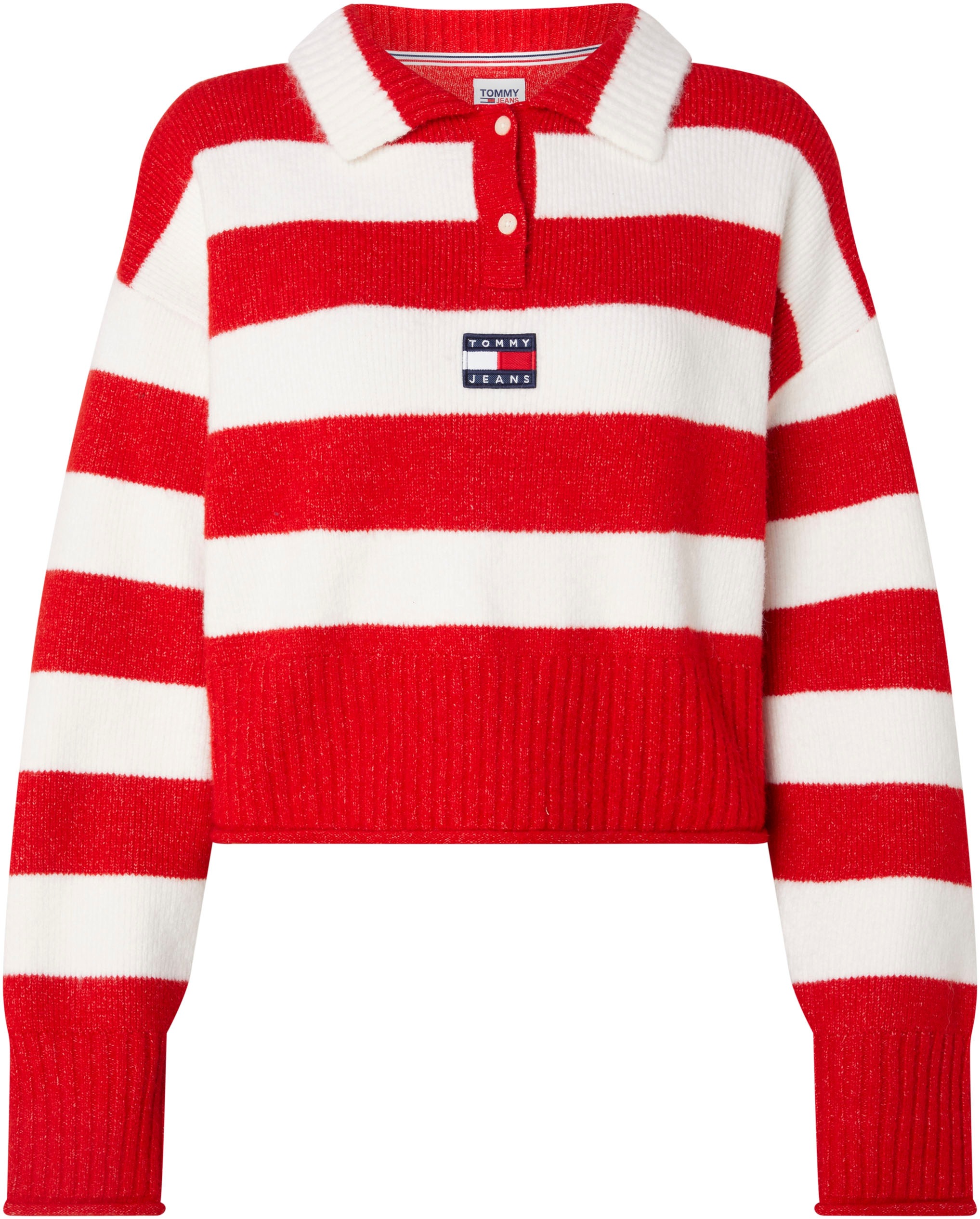 Tommy Jeans Polokragenpullover »TJW STRIPE BADGE POLO SWEATER« im Cropped-Schnitt &amp; mit Tommy Jeans Label-Badge CB13957