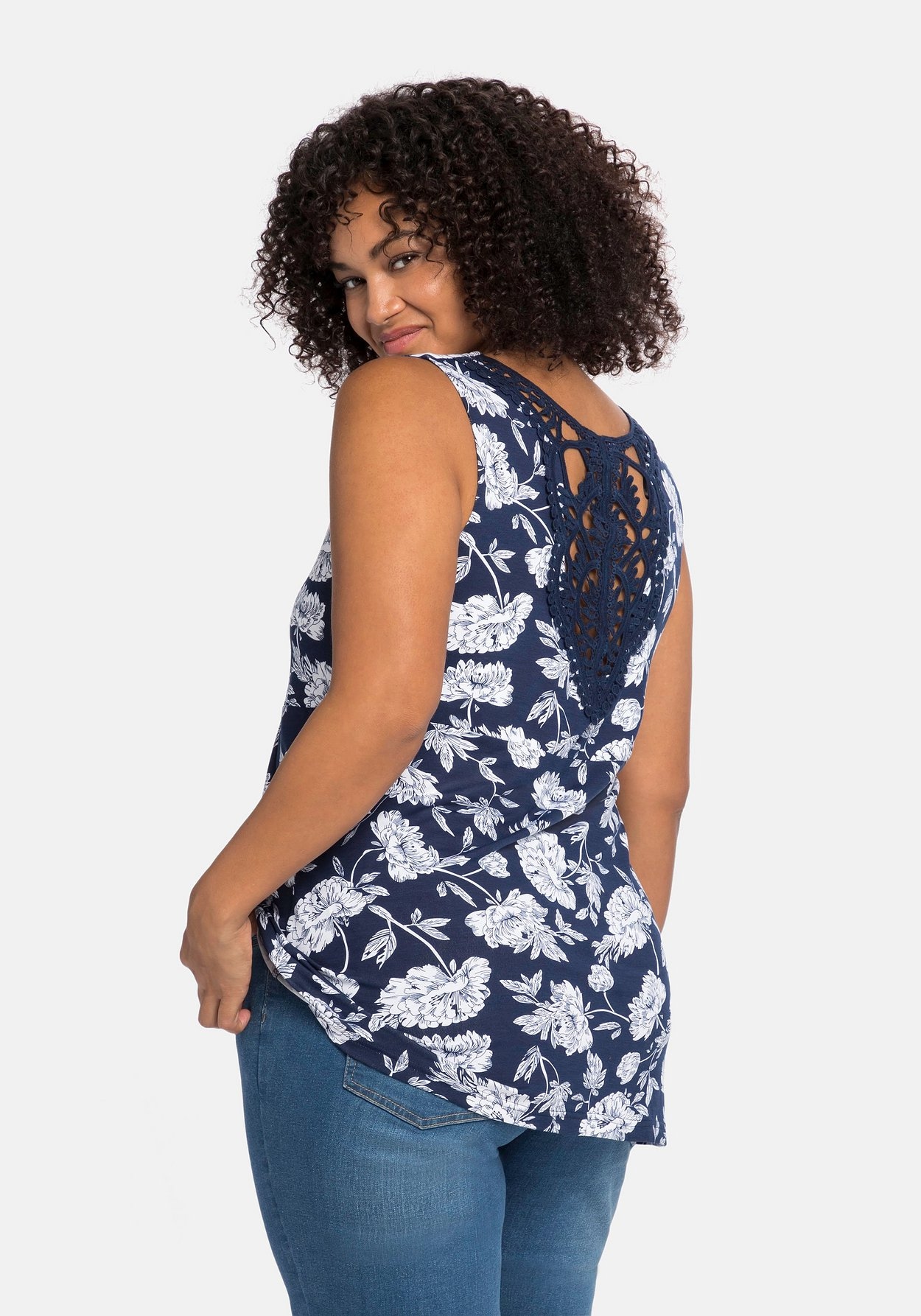 Sheego Longtop »Longtop mit Blumendruck und Spitze im Rücken«