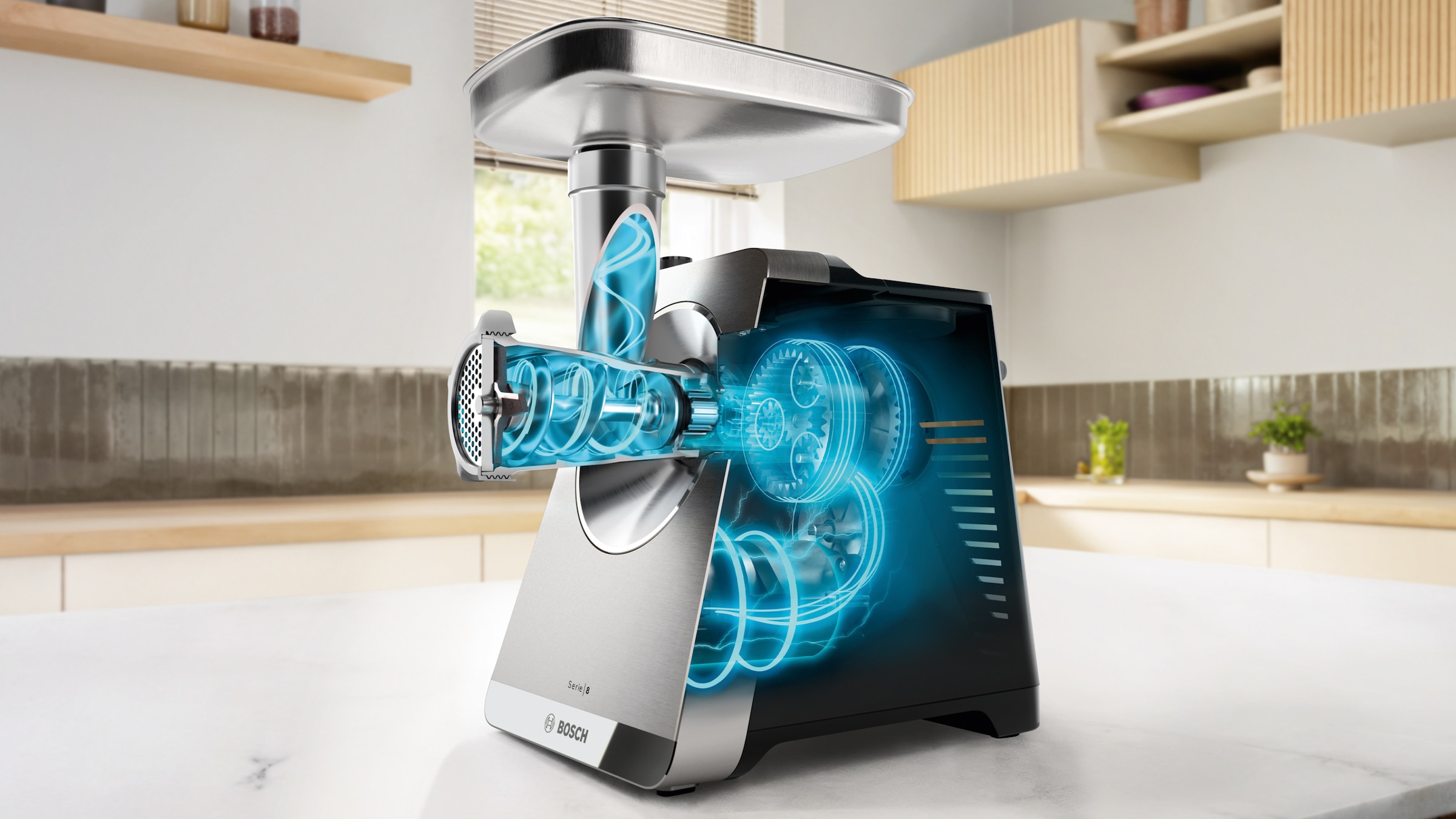 BOSCH Fleischwolf »Serie 8 MFWS840M, bis zu 4,5 kg Fleisch pro Min., spülmaschinenfest« 800 W Edelstahl, 10-Jahre Motorgarantie, mit drei Lochscheiben, 2.500 W
