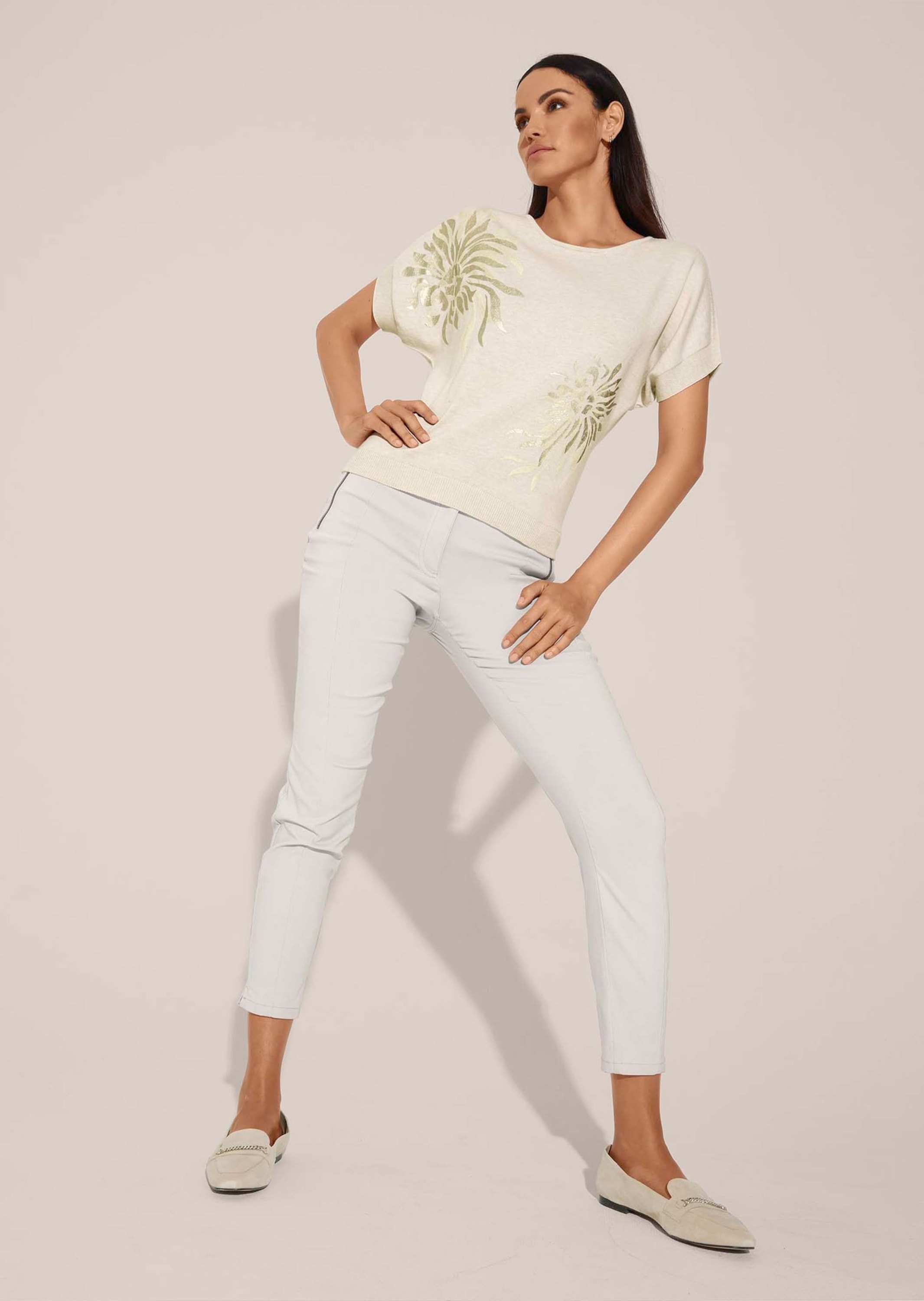 MADELEINE Longpullover »Pullover Kurzarm Strickshirt mit Folien-Print«