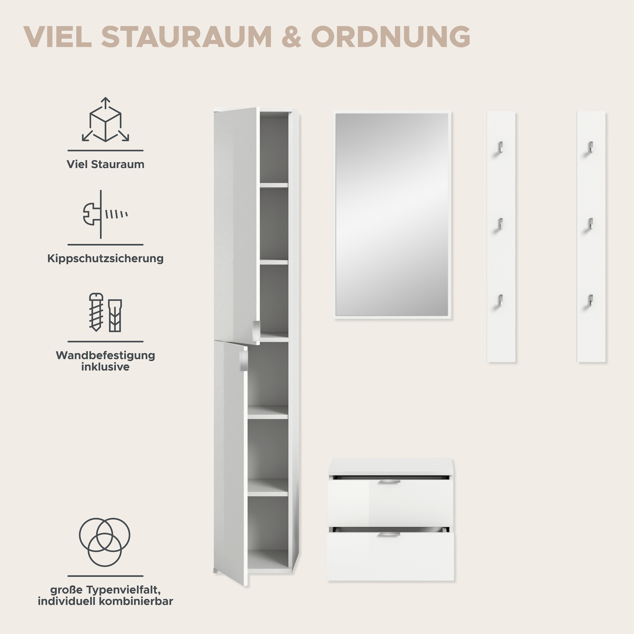 INOSIGN Garderoben-Set, (4 St.), Trondheim, Garderobenset 4-tlg.Breite 148 cm, Flur, Diele, Kombination