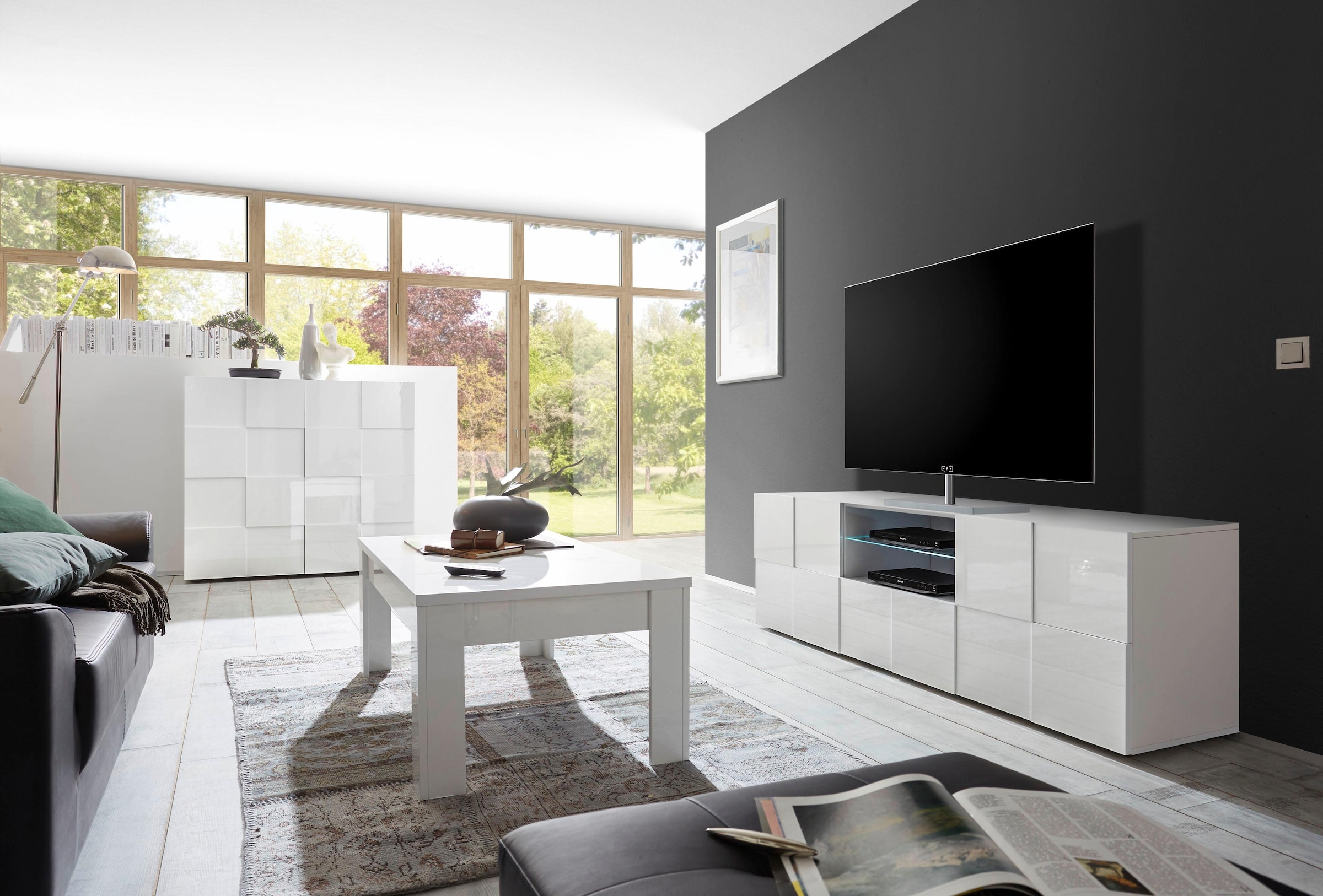 INOSIGN Lowboard »Dama Breite 181 cm, TV-Board 2 Türen, 1 Schubkasten, TV-Schrank«, Front in 3D-Optik, viel Stauraum, verschiedene Farben