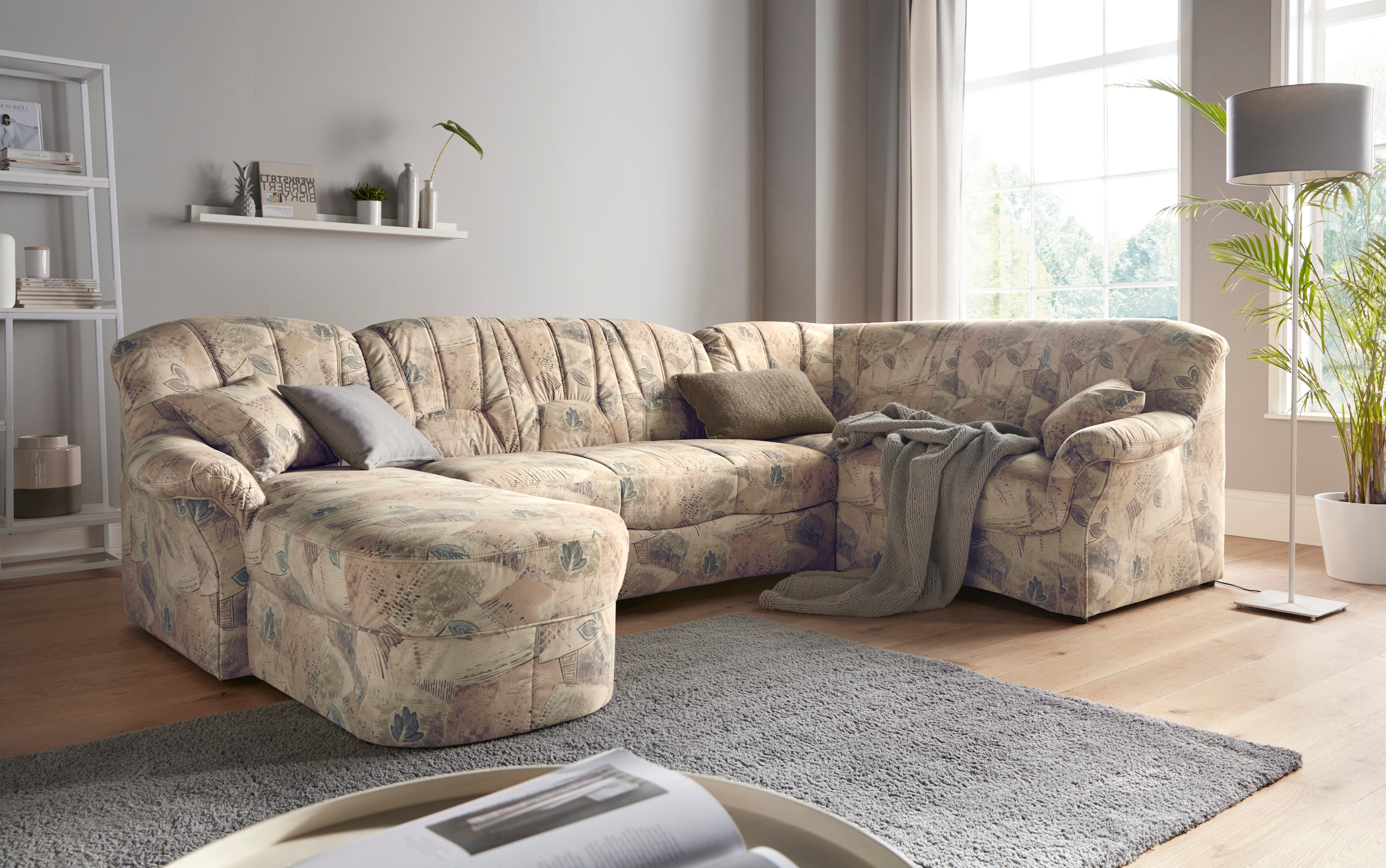 DOMO collection Wohnlandschaft »Bahia U-Form, B/T: 308/200 cm, mit Federkern, belastbar bis 140kg/Sitz«, Microfaser, natur