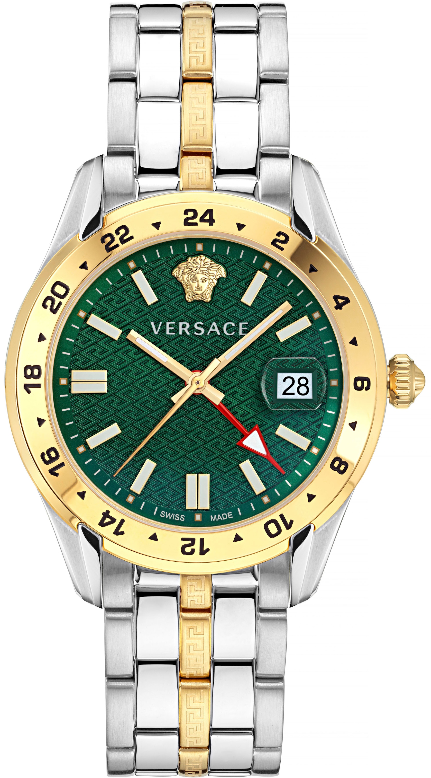 Versace Quarzuhr »GRECA TIME GMT, VE7C00623«, Armbanduhr, Herrenuhr, Datum, Swiss Made, Leuchtzeiger, 2. Zeitzone