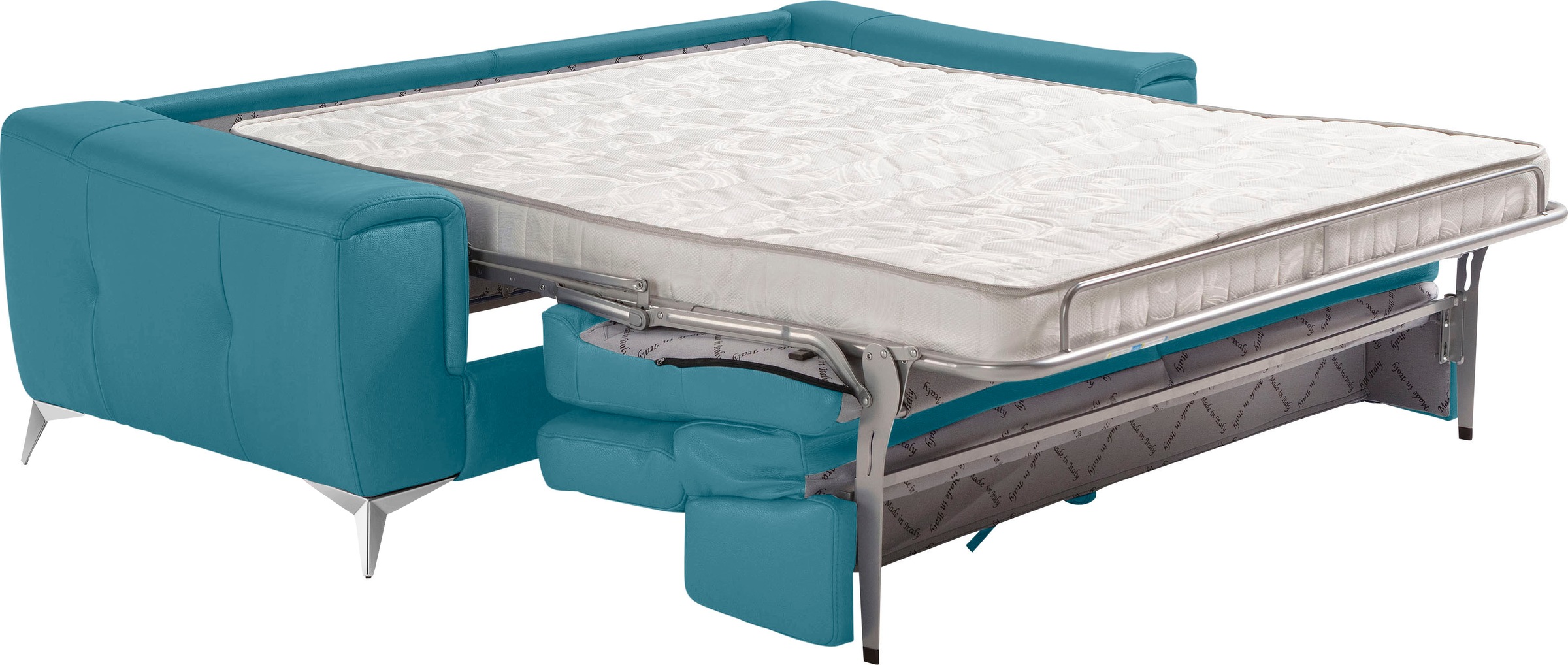 Egoitaliano Schlafsofa »Francine Designsofa, Loungesofa mit Dauerschlaffunktion, Breite 233 cm«, mit Bettfunktion, Leder BULL, türkis, Fußfarbe chrom