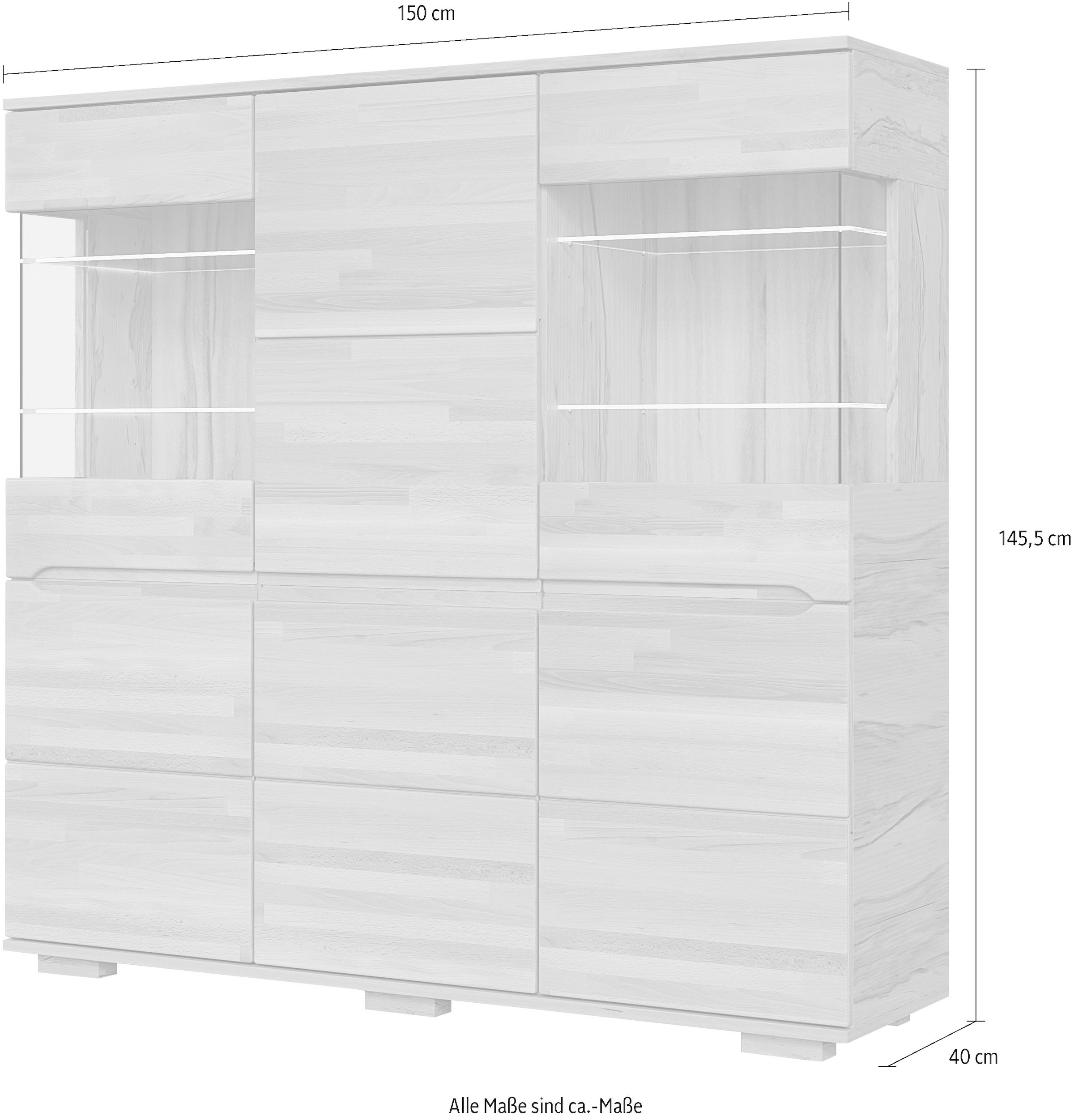 OTTO home Highboard »VETRO Teilmassiv, Fronten Massivholz, Wohnzimmer, Stauraum,Griffmulde« B/T/H:150/40/1445,5cm, 15geschlossene Fächer,verstellbare Einlegeboden