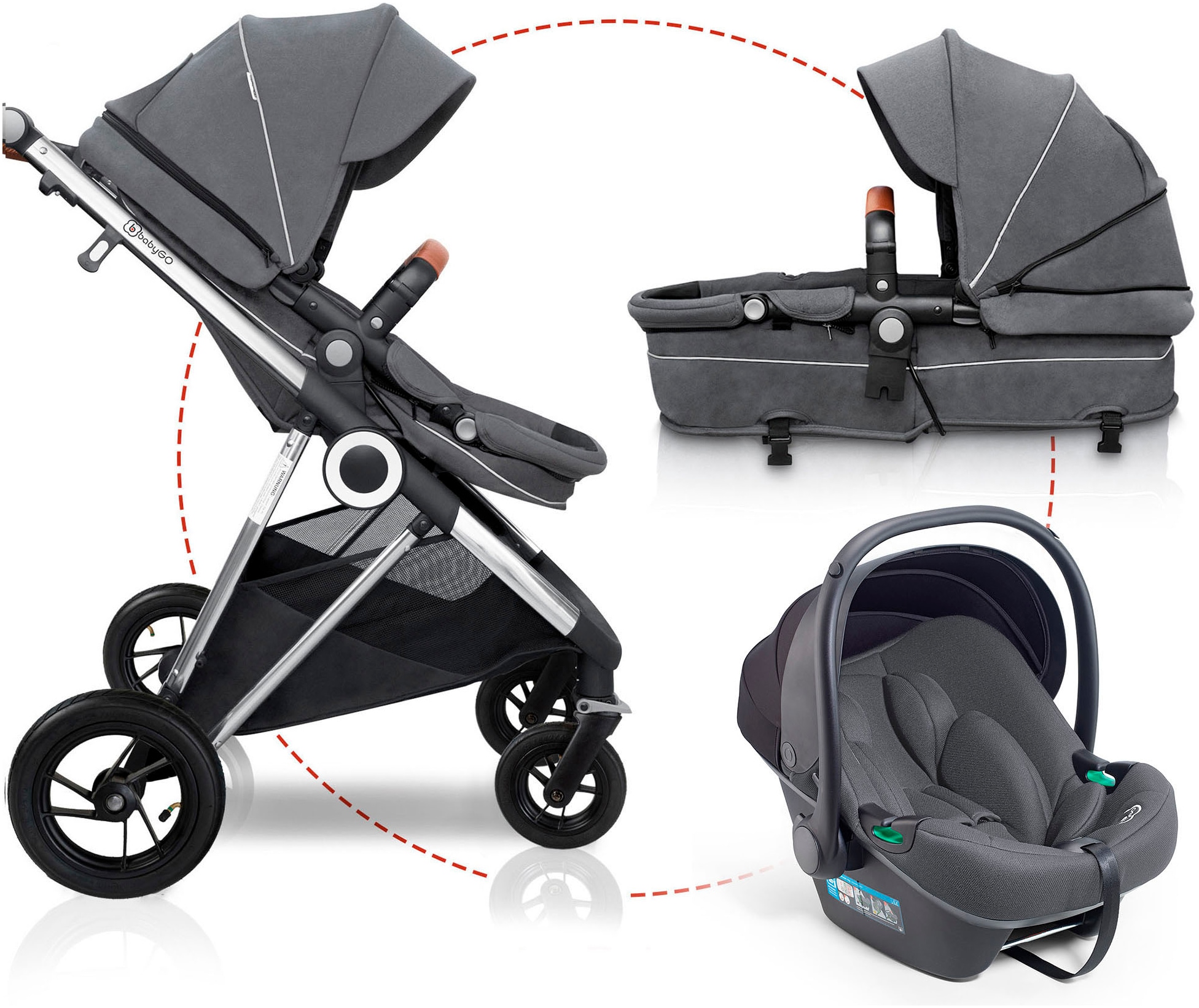 BabyGo Kombi-Kinderwagen »Halime AIR 3in1, Anthracite Black«, mit Luftreifen, inkl. Babywanne, Babyschale, Regenhaube & Wickeltasche