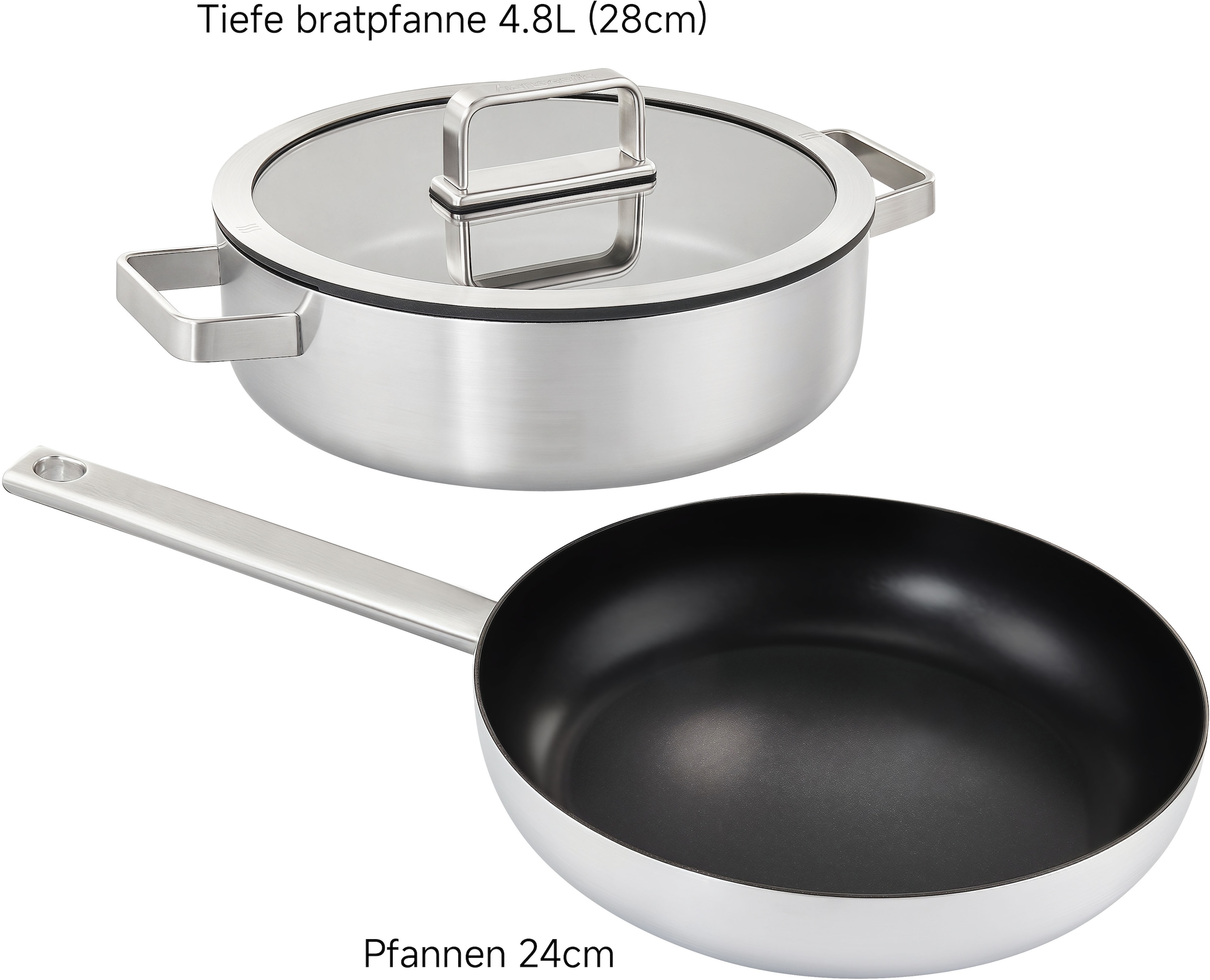 Hanseatic Pfannen-Set »PREMIUM« Edelstahl Set, 1x Pfanne 24 cm, 1x Servierpfanne 28 cm mit Deckel, 3 Stk. tlg. mit Antihaftbeschichtung, für alle Herdarten, Induktion