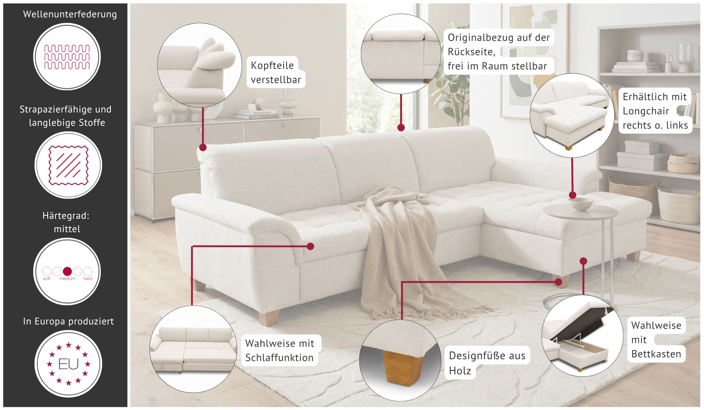 OTTO home Ecksofa »Eggery 279 x 170 cm, auch mit Schlaffunktion & Bettkasten, Holzfüße« Kopfteile verstellbar, L-Form, aus pflegeleichtem Luxus-Microfaser
