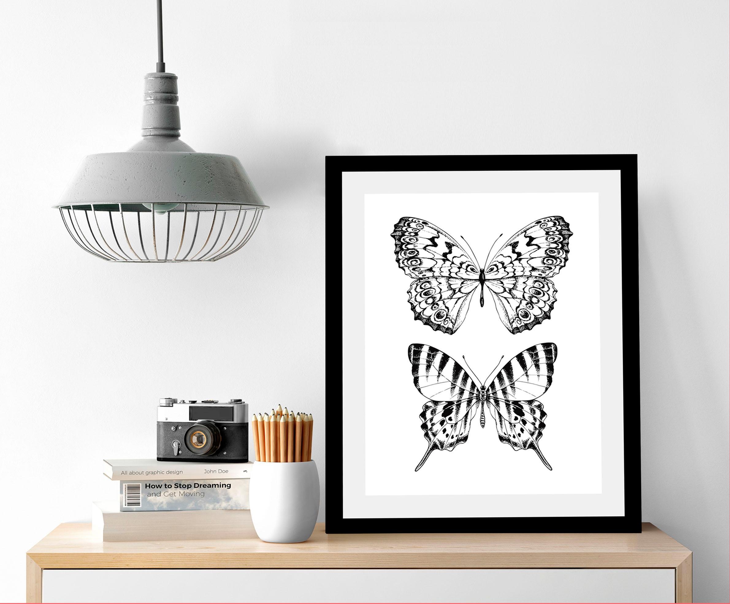 queence Bild »Schmetterlinge«, Tiere-Schwarz-Weiß-Kunst-Insekten-Schmetterlinge, HD Premium Poster-Druck inkl. Holzrahmen